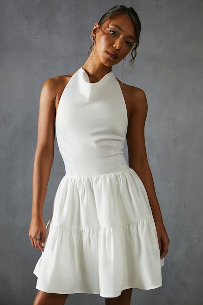MissPap Satin Cowl Halter Neck Layered Mini Dress White