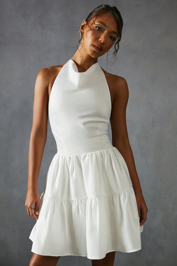 MissPap Satin Cowl Halter Neck Layered Mini Dress White