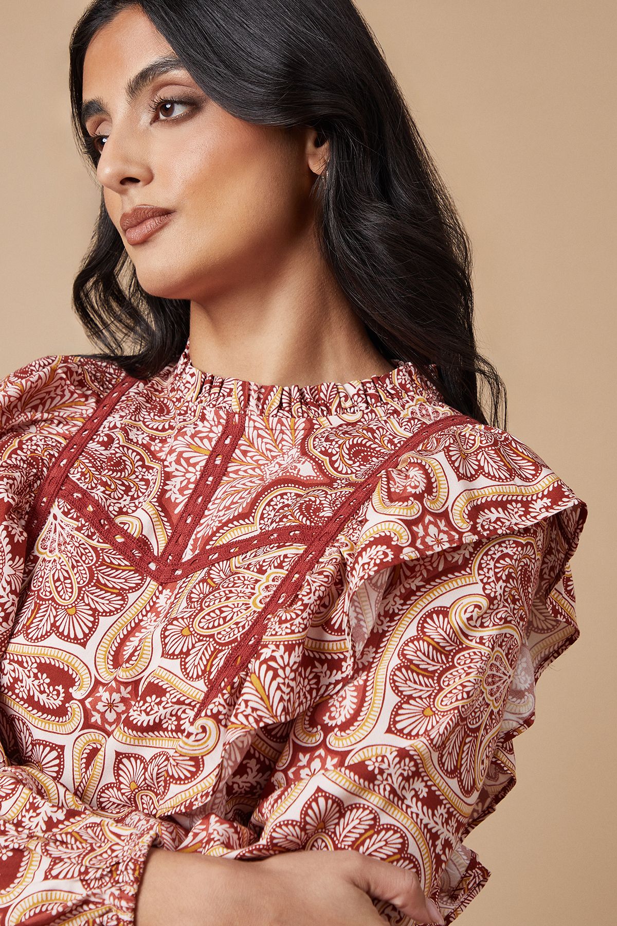 Oasis Paisley Printed Ruffle Lace Trim Top Rust image 3