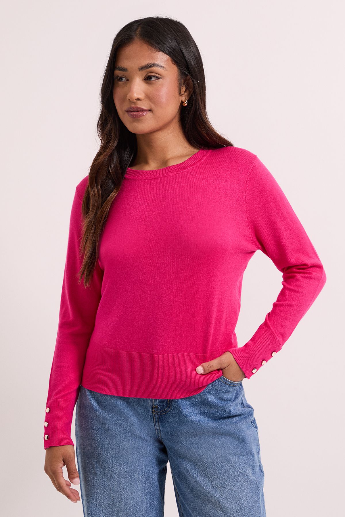 Dorothy Perkins Petite Pink Crew Neck Button Cuff Jumper Pink image 2