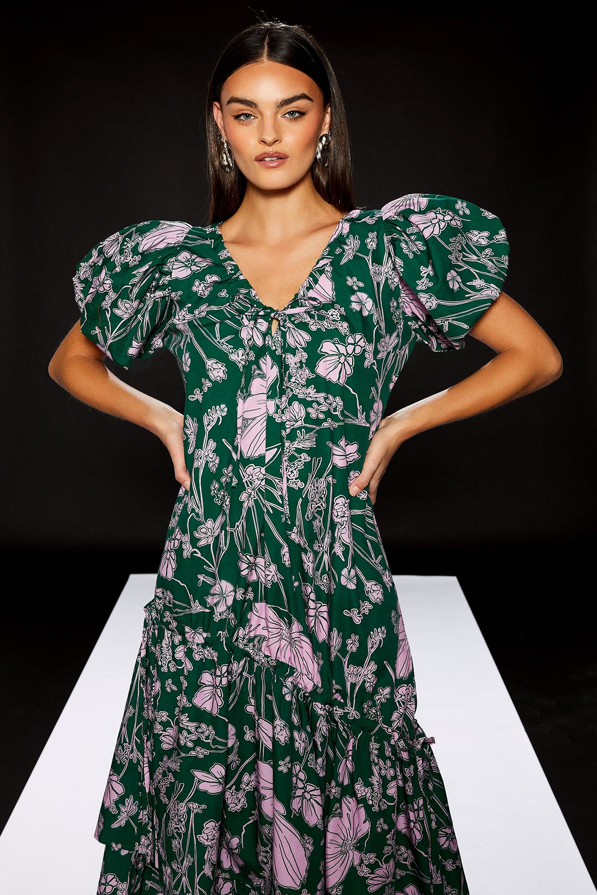 RUNWAY 1.8.1.8 Runway 1.8.1.8 Short Puff Sleeve Asymmetric Hem Midi Dress Green image 2
