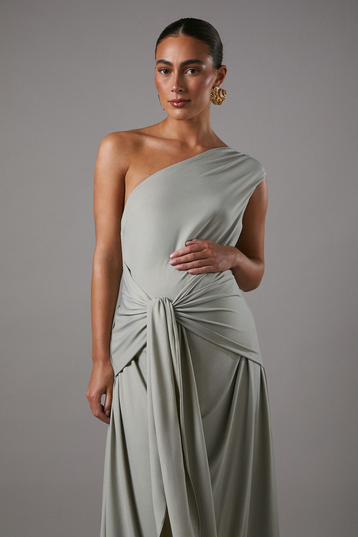 Coast Maternity Twist Detail One Shoulder Jersey Bridesmaid Dress Sage image 2
