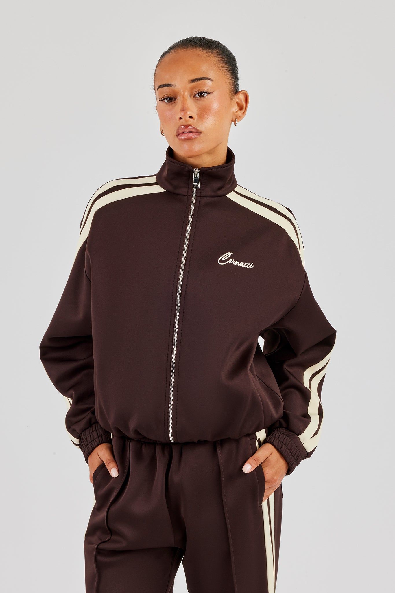 Cernucci Funnel Neck Taping Zip Through Track Jacket - Chocolate image 2
