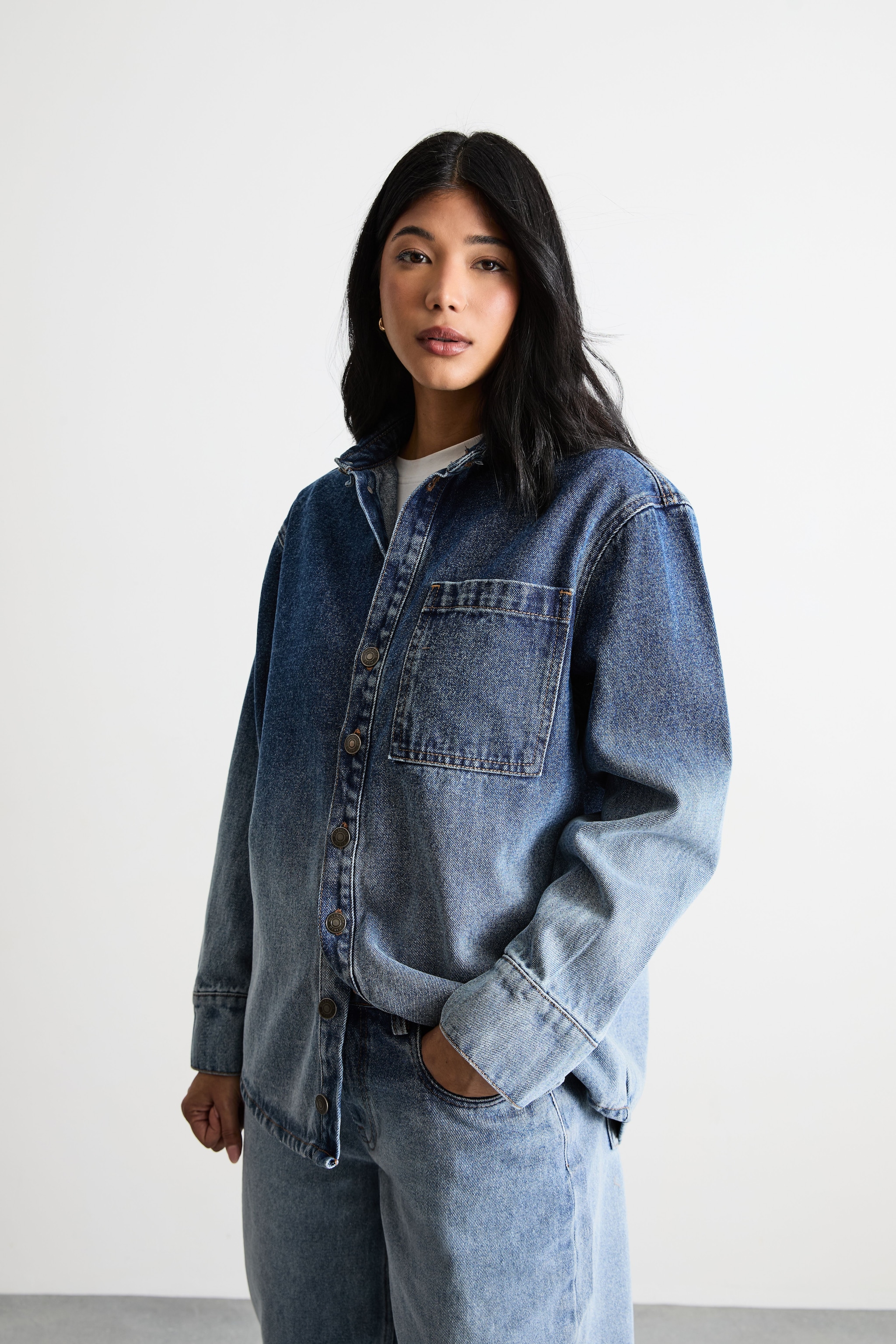Warehouse Oversized Ombre Denim Shirt Co-ord Mid Blue image 2