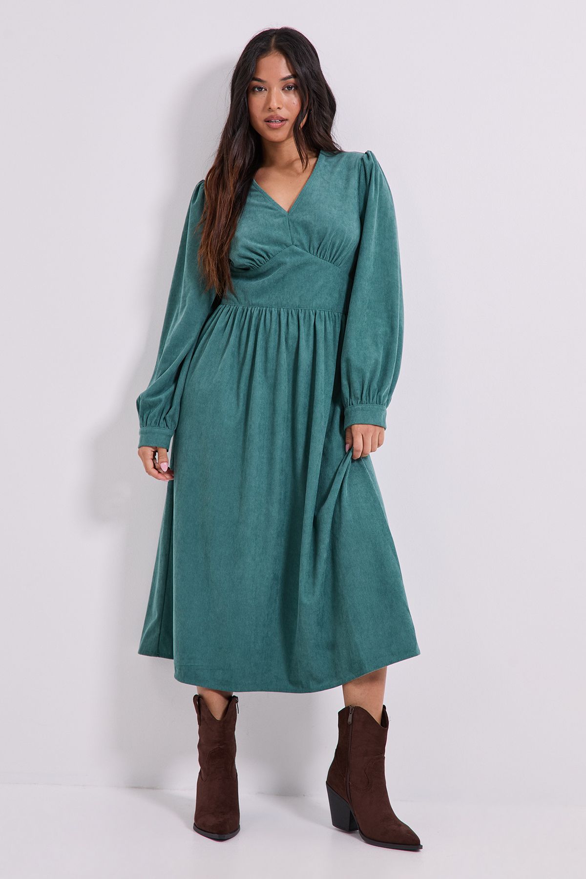 Dorothy Perkins Petite Empire Seam Detail Blouson Sleeve Midi Dress Green image 1