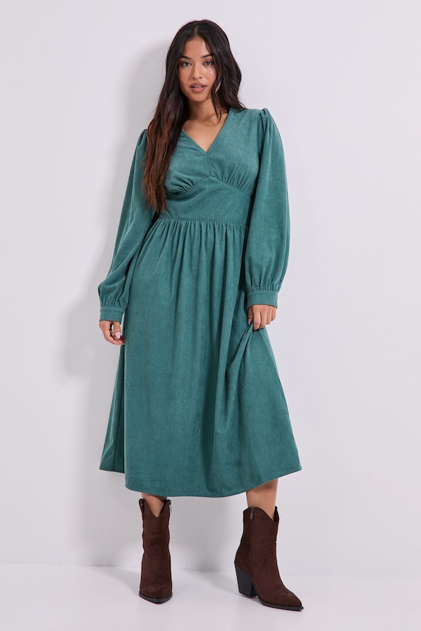 Dorothy Perkins Petite Empire Seam Detail Blouson Sleeve Midi Dress Green