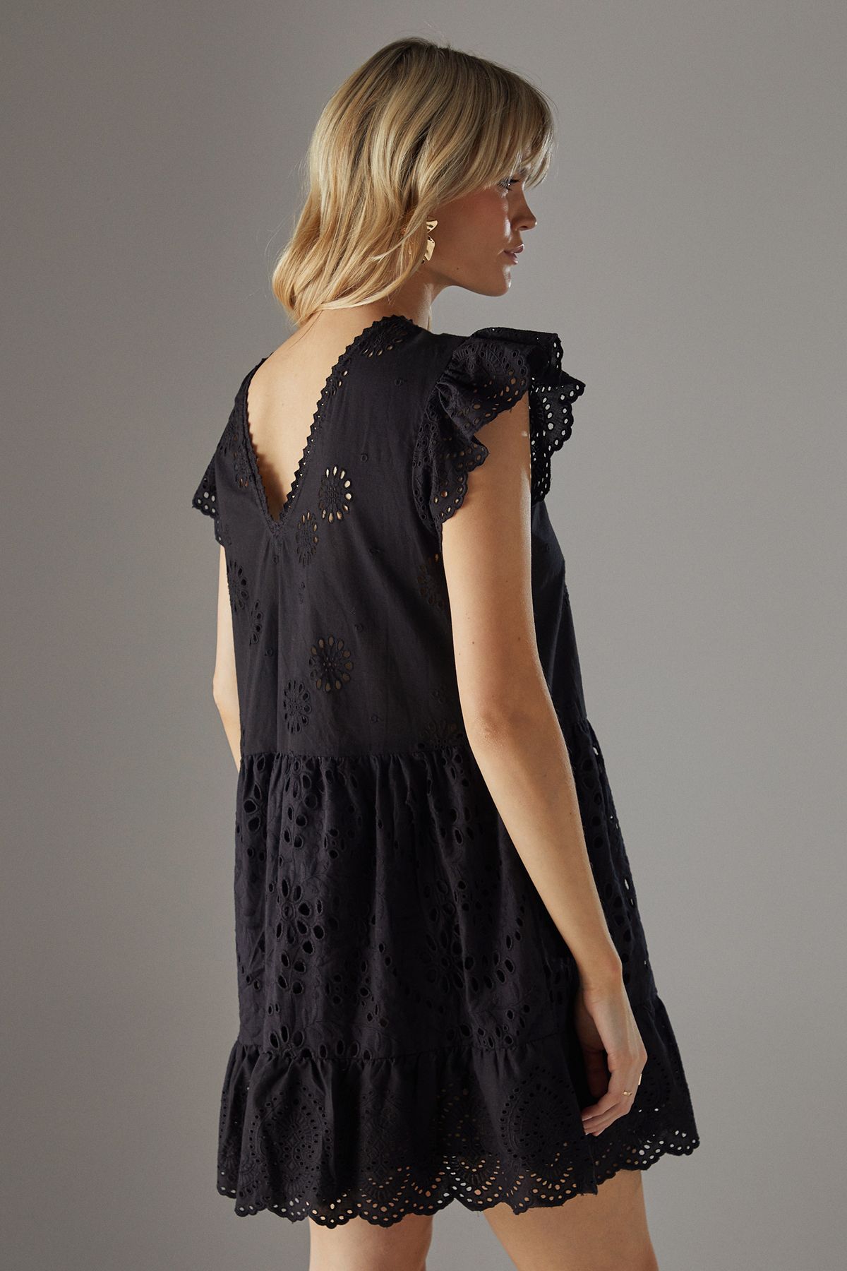 Warehouse Broderie Mix Tier Mini Smock Dress Black image 4