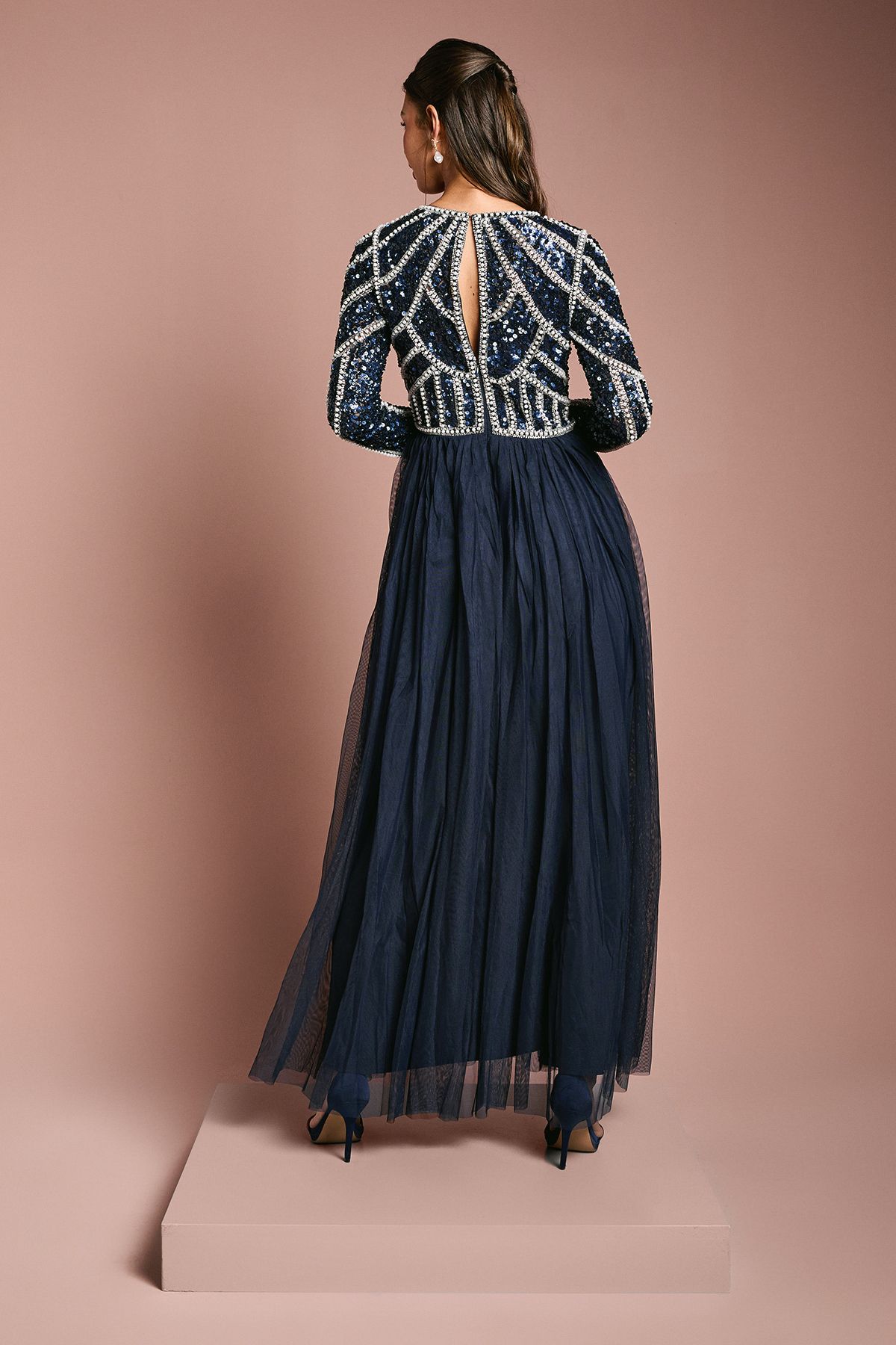 Coast Coast Honoured Long Sleeve Sequin Bodice Tulle Skirt Maxi Bridesmaid Dress Navy image 4