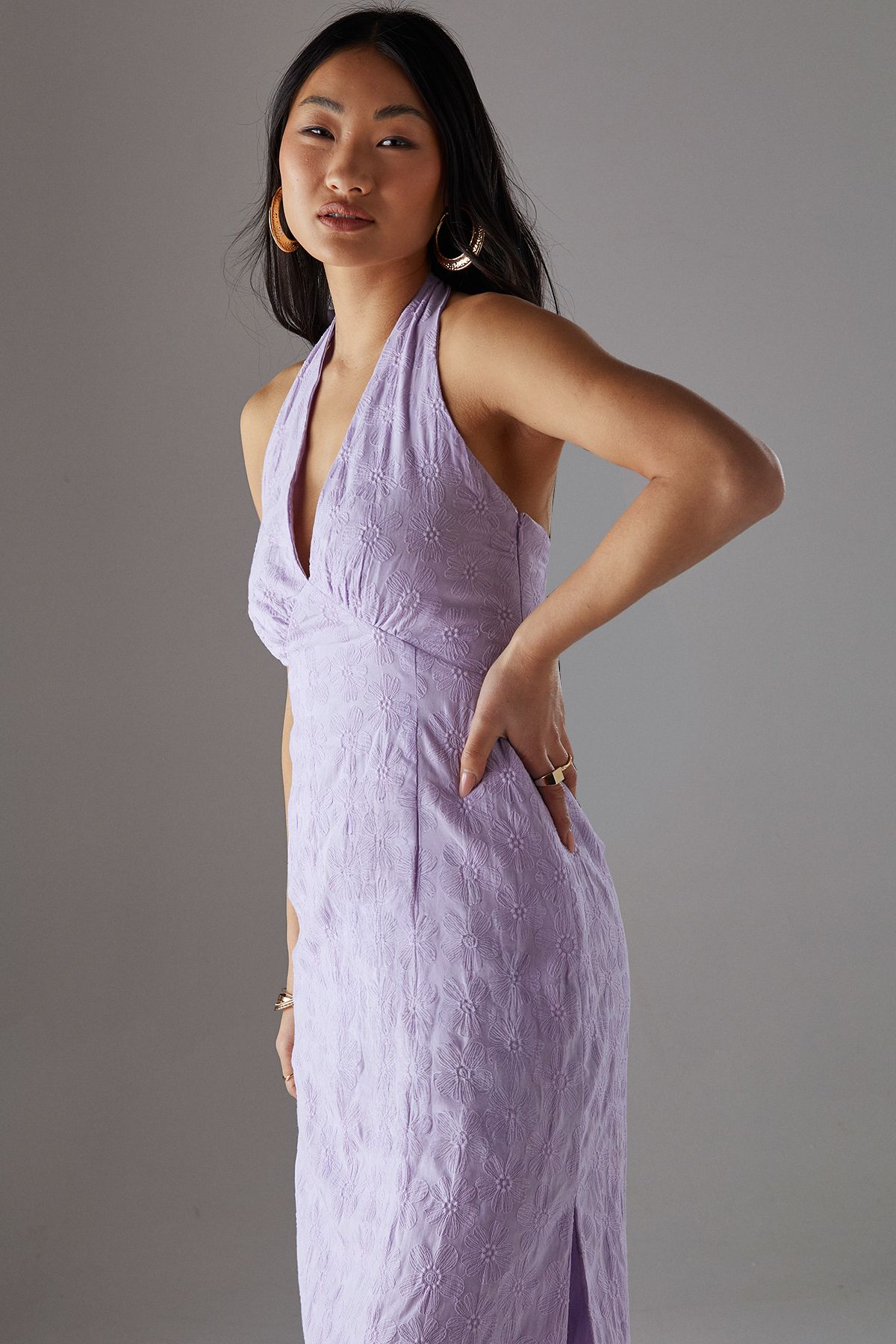 Warehouse Petite Floral Cotton Halter Midi Sundress Lilac image 3