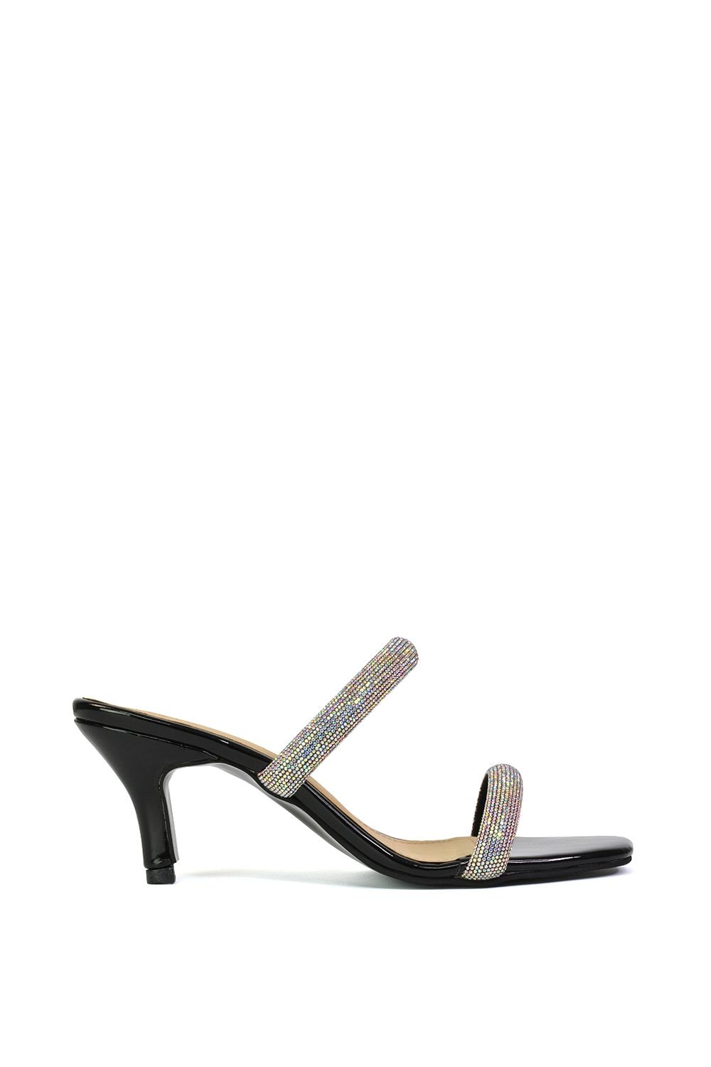 XY London 'Nancy' Square Toe Diamante Strappy Slip On Low Kitten Heel Mules