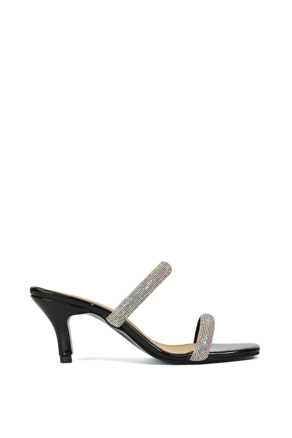XY London 'Nancy' Square Toe Diamante Strappy Slip On Low Kitten Heel Mules