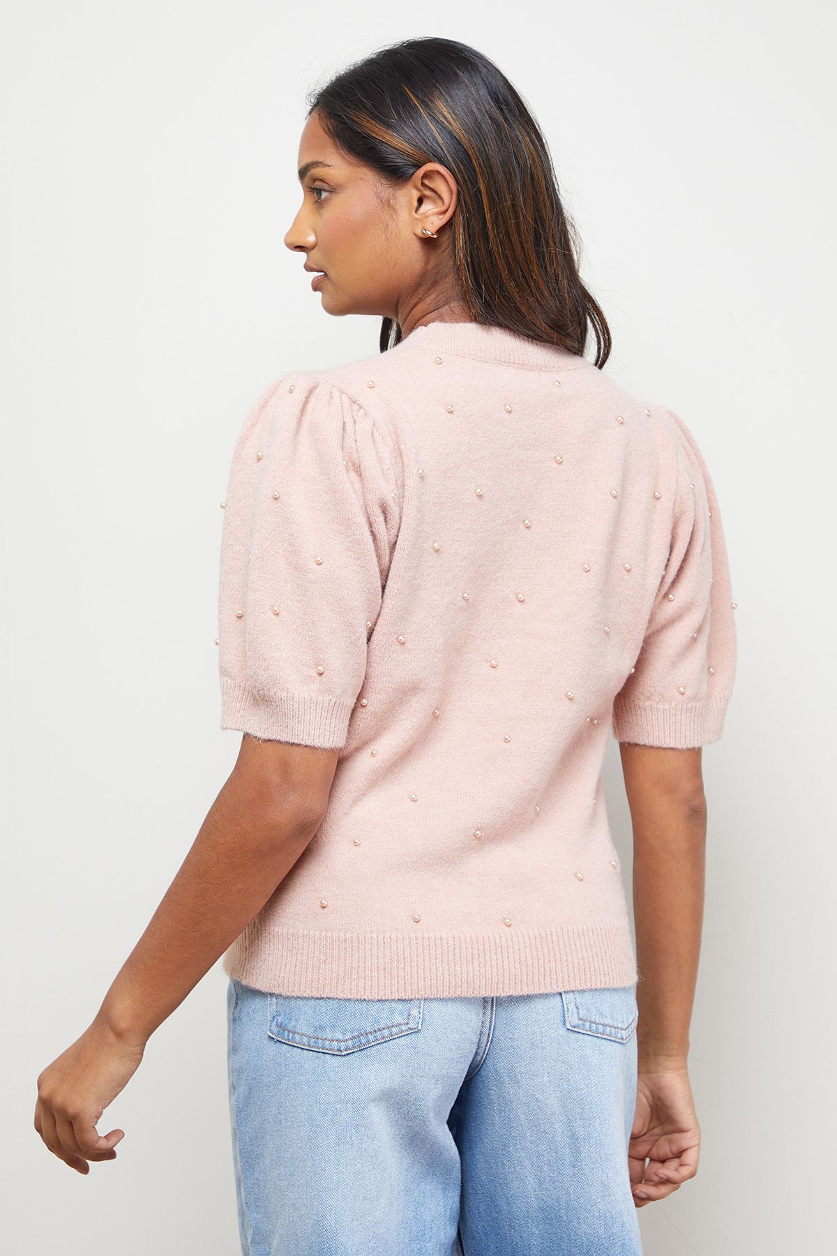Oasis Pearl Embellished Crew Neck Puff Sleeve Knit Top Rose image 3