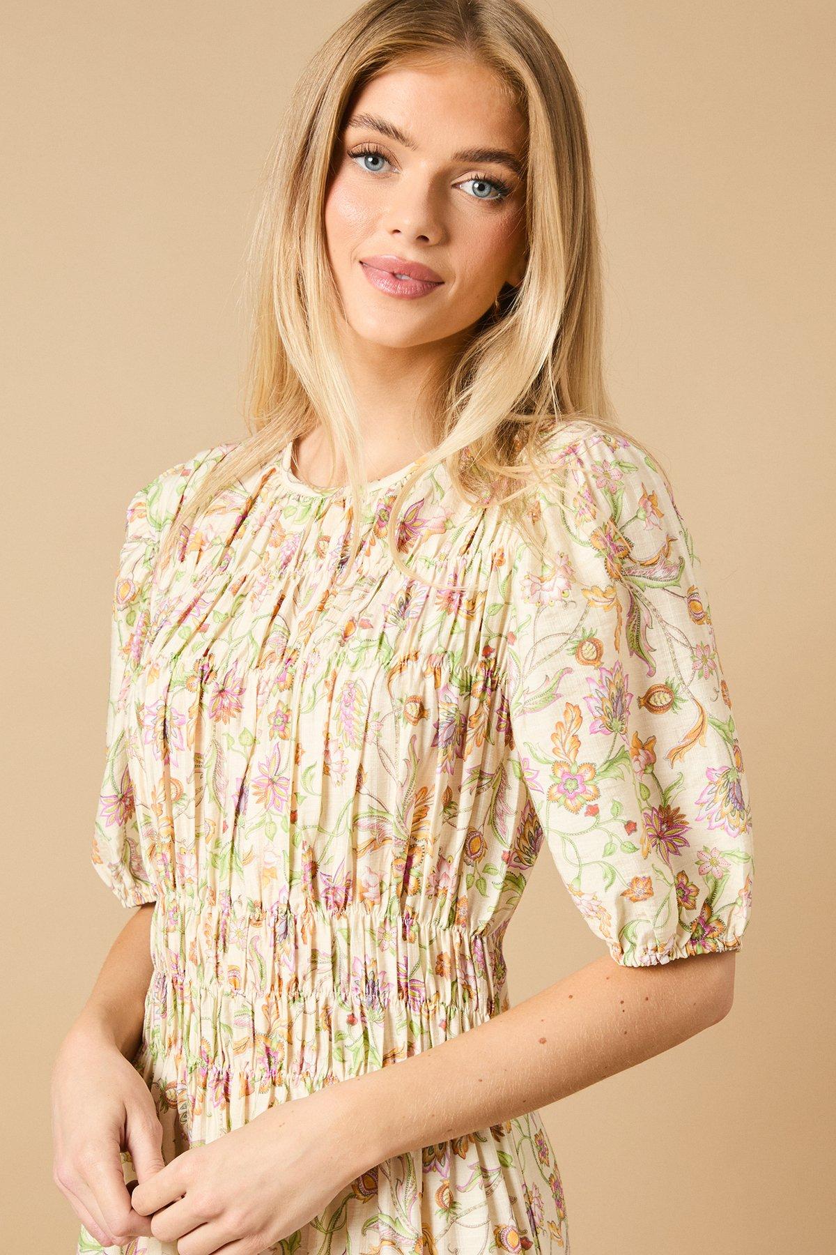 Oasis Printed Shirred Bodice Puff Sleeve Midi Dress Multi image 3