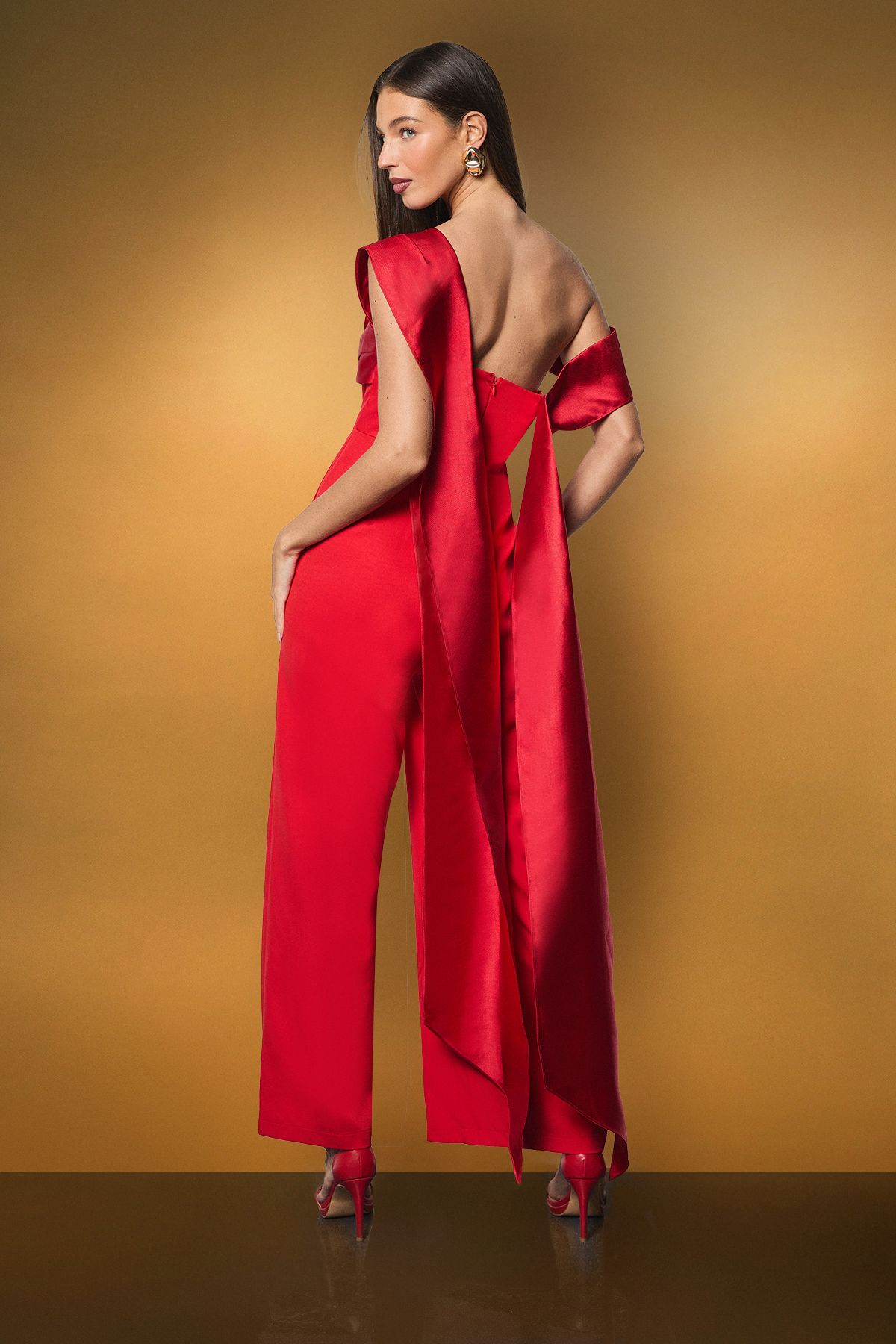 Coast Draped Bardot Contrast Twill Draped Jumpsuit Red image 3