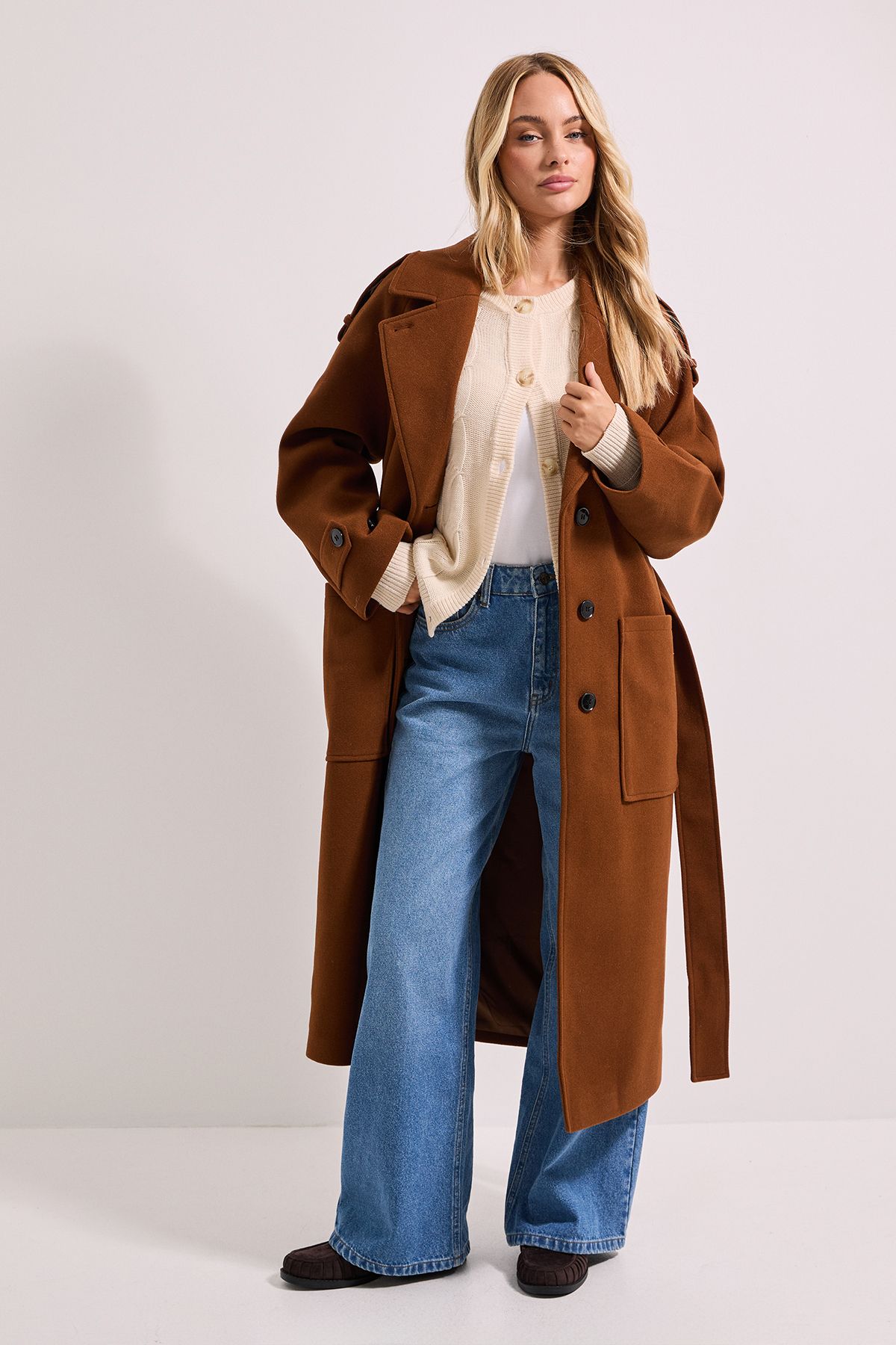 Dorothy Perkins Petite Belted Longline Coat Chocolate image 1