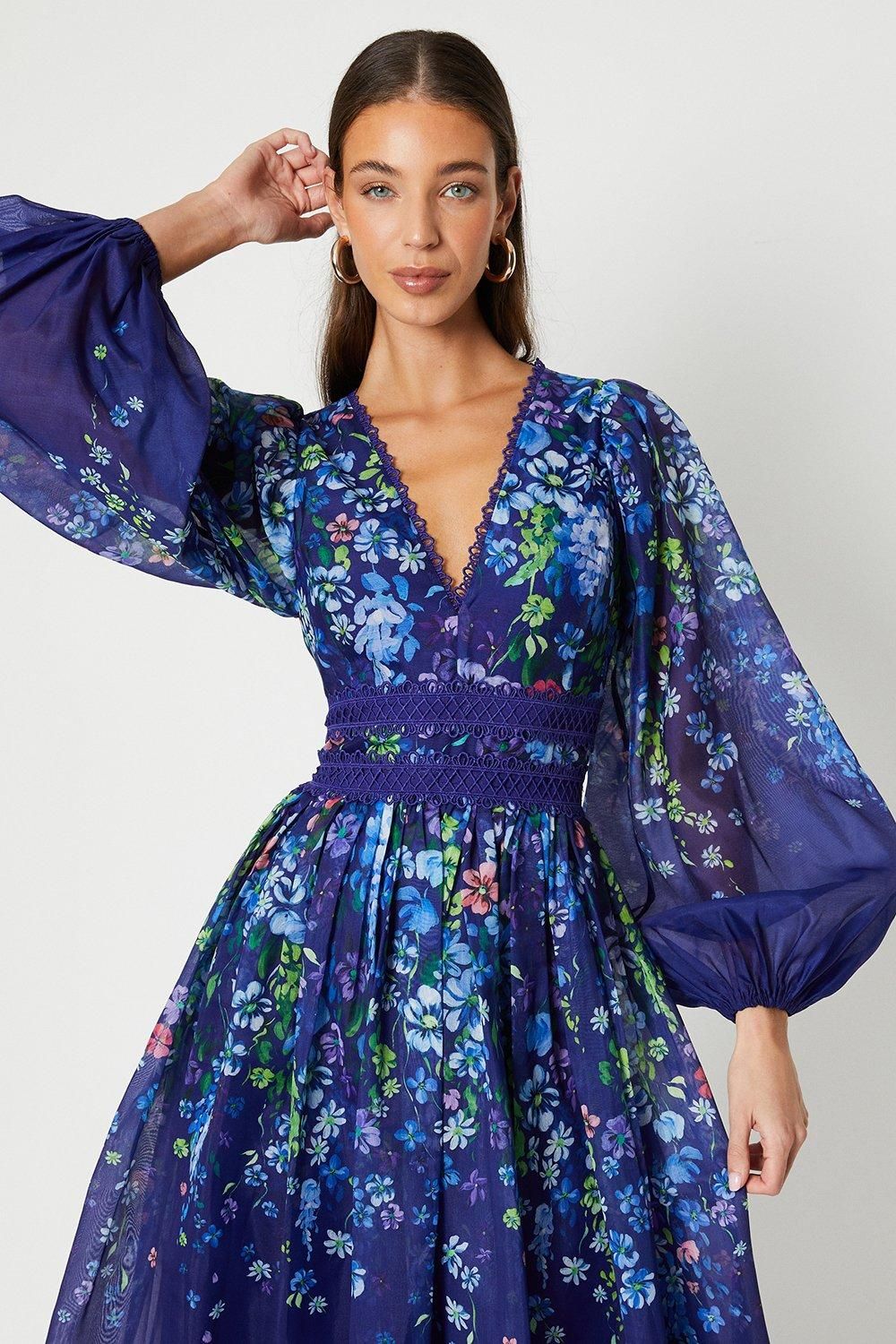 Coast Organza Floral Placement Lace Trim Midaxi Dress Navy image 4