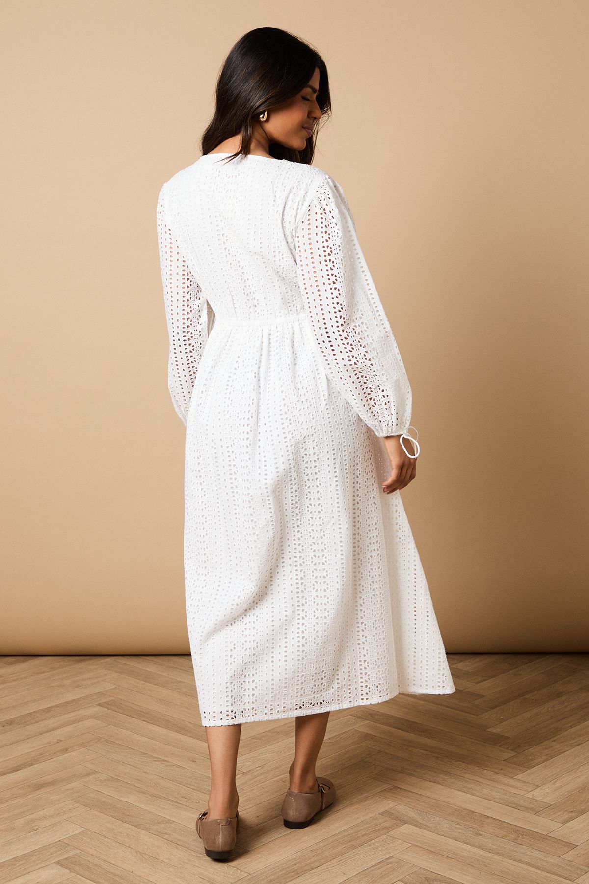 Oasis Petite Broderie Tie Front Puff Sleeve Midi Dress White image 3