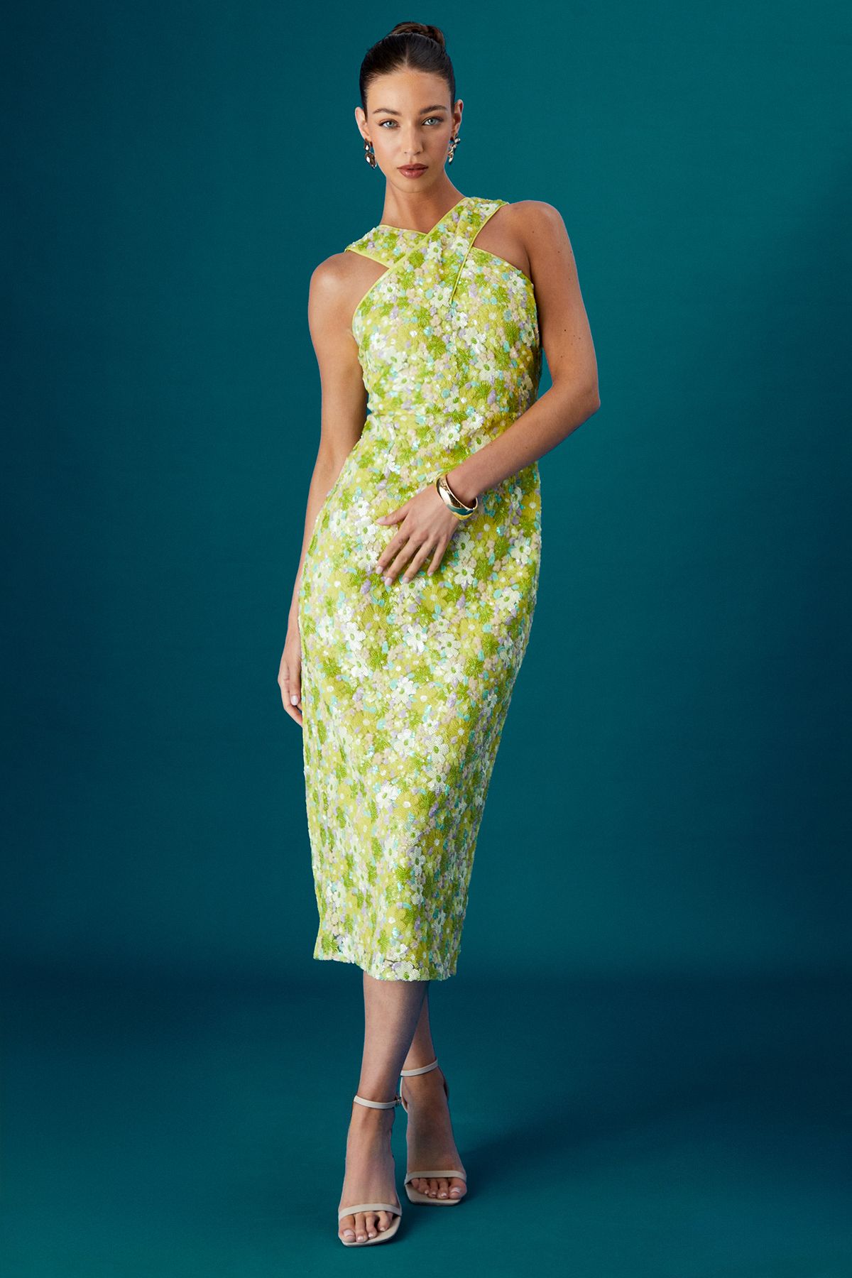 Coast Coast Muse Cross Neck Sequin Floral Midi Dress Green image 1