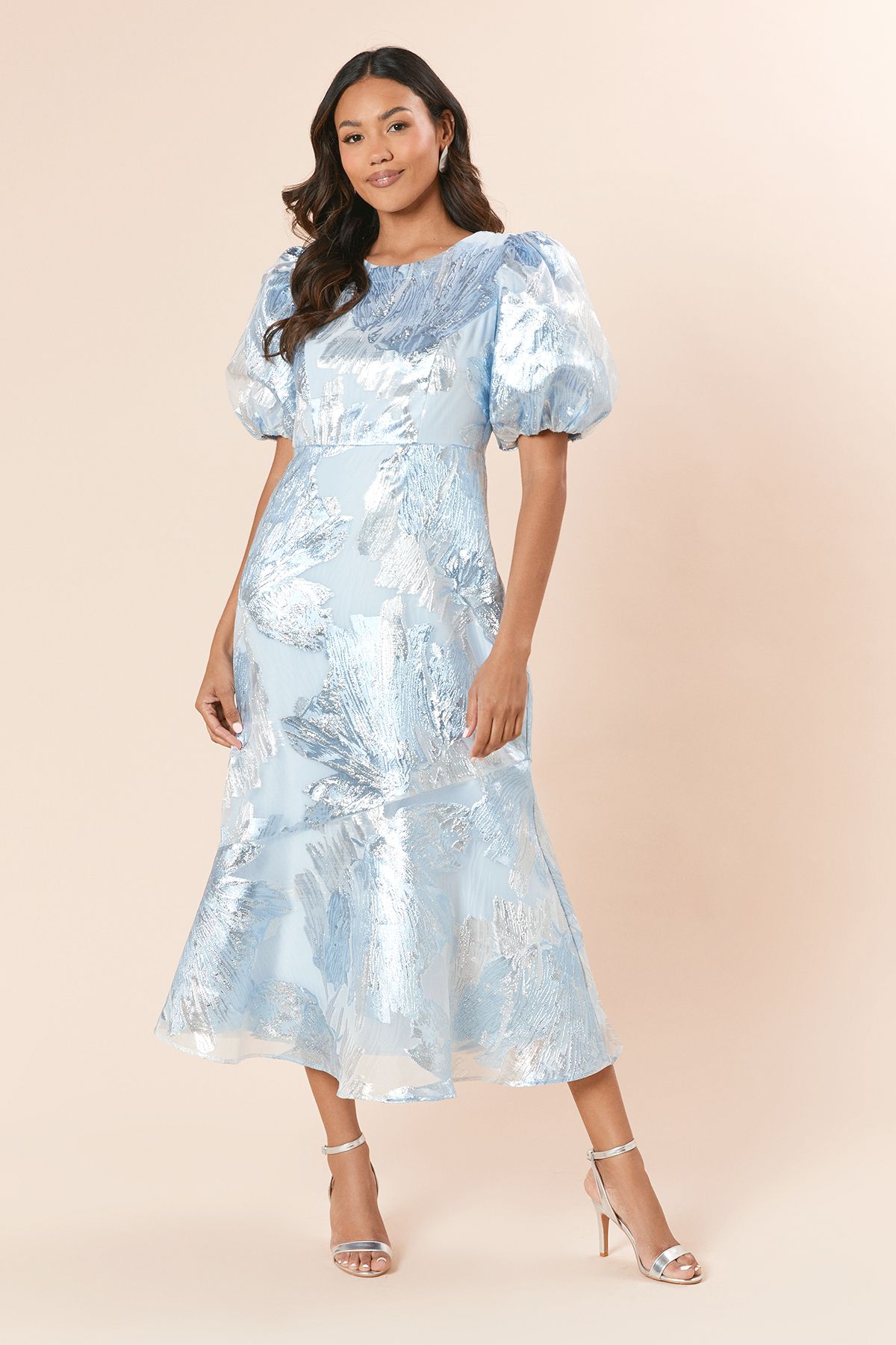 Dorothy Perkins DP Luxe Metallic Jacquard Puff Sleeve Maxi Dress Blue image 1