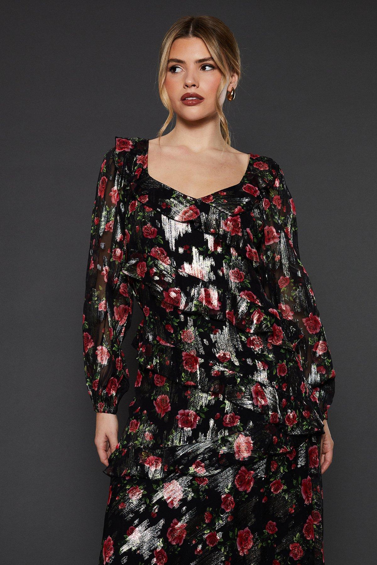 Dorothy Perkins Black Floral Ruffle Long Sleeve Chiffon Metallic Midi Dress Floral image 4