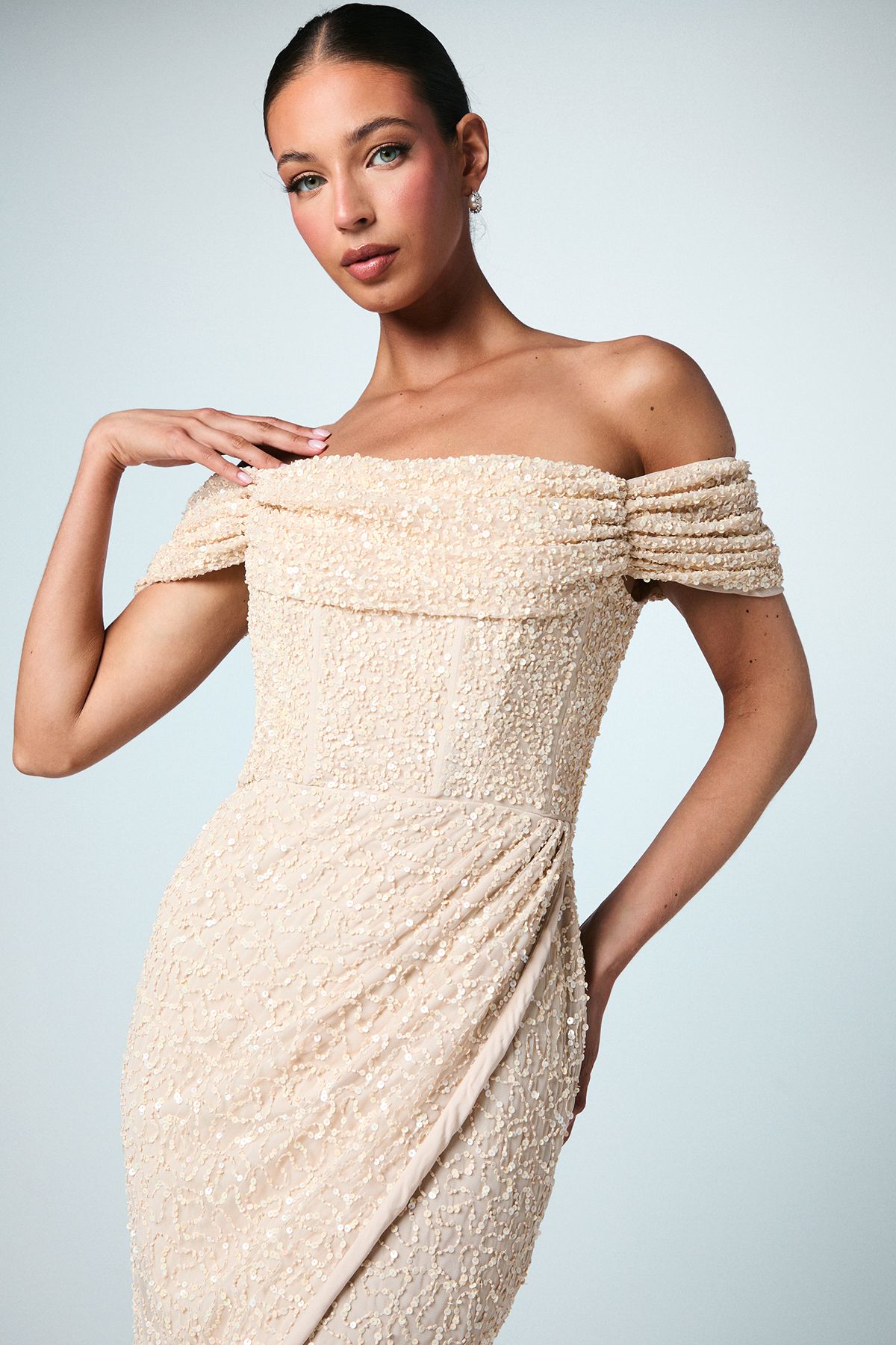 Coast Sequin Bardot Maxi Bridesmaid Dress Champagne image 4