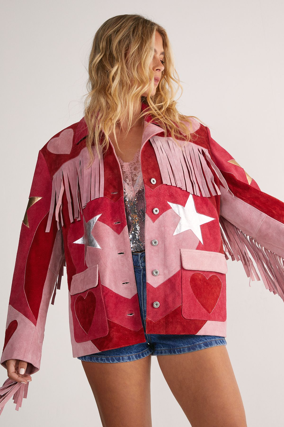 NastyGal Real Suede Heart Fringe Jacket Hot Pink image 2