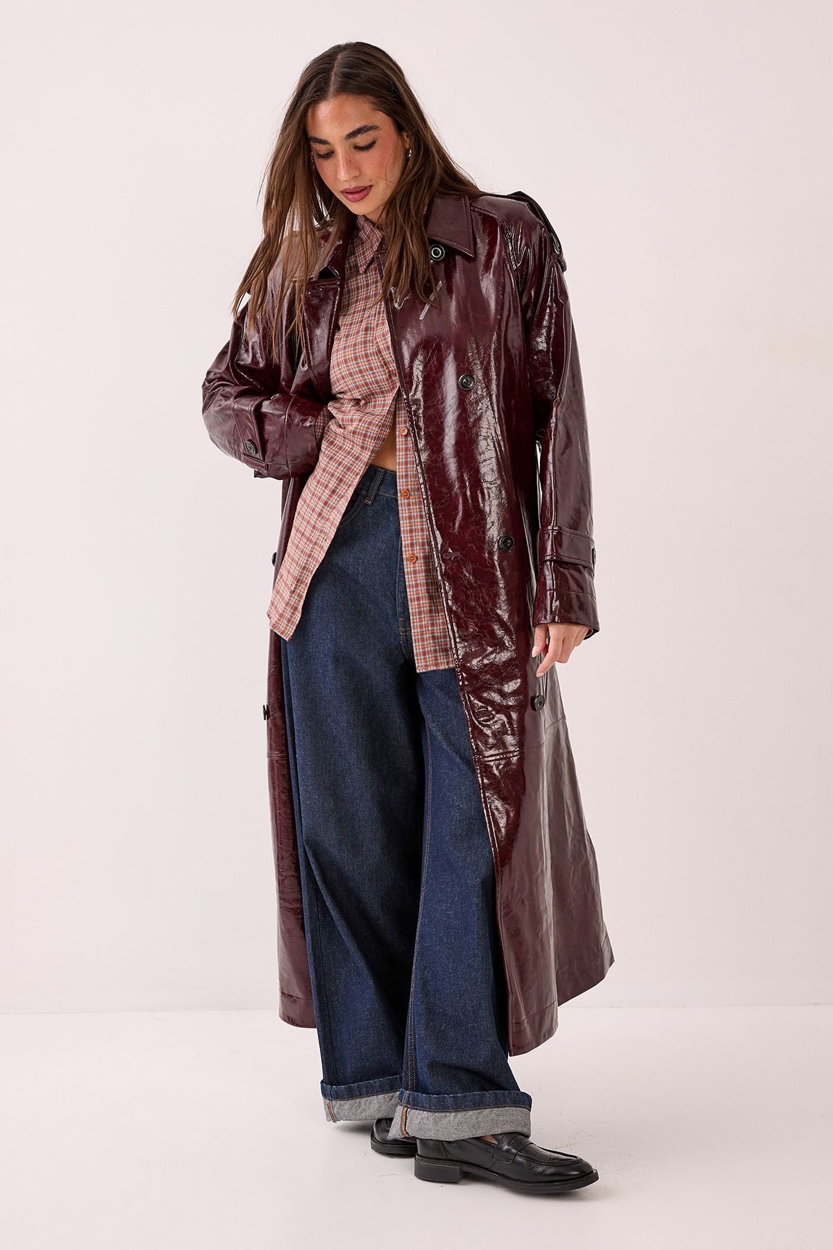 NastyGal Premium Vinyl High Shine Faux Leather Trench Coat Burgundy