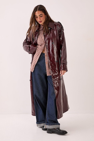 NastyGal Premium Vinyl High Shine Faux Leather Trench Coat Burgundy