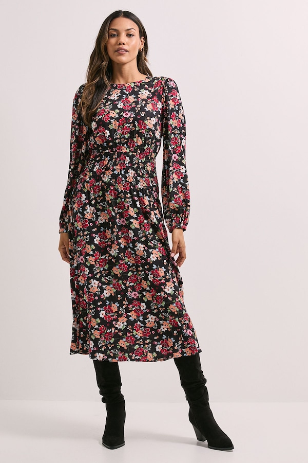 Dorothy Perkins Shirred Dropped Waist Detail Printed Midi Dress Orange