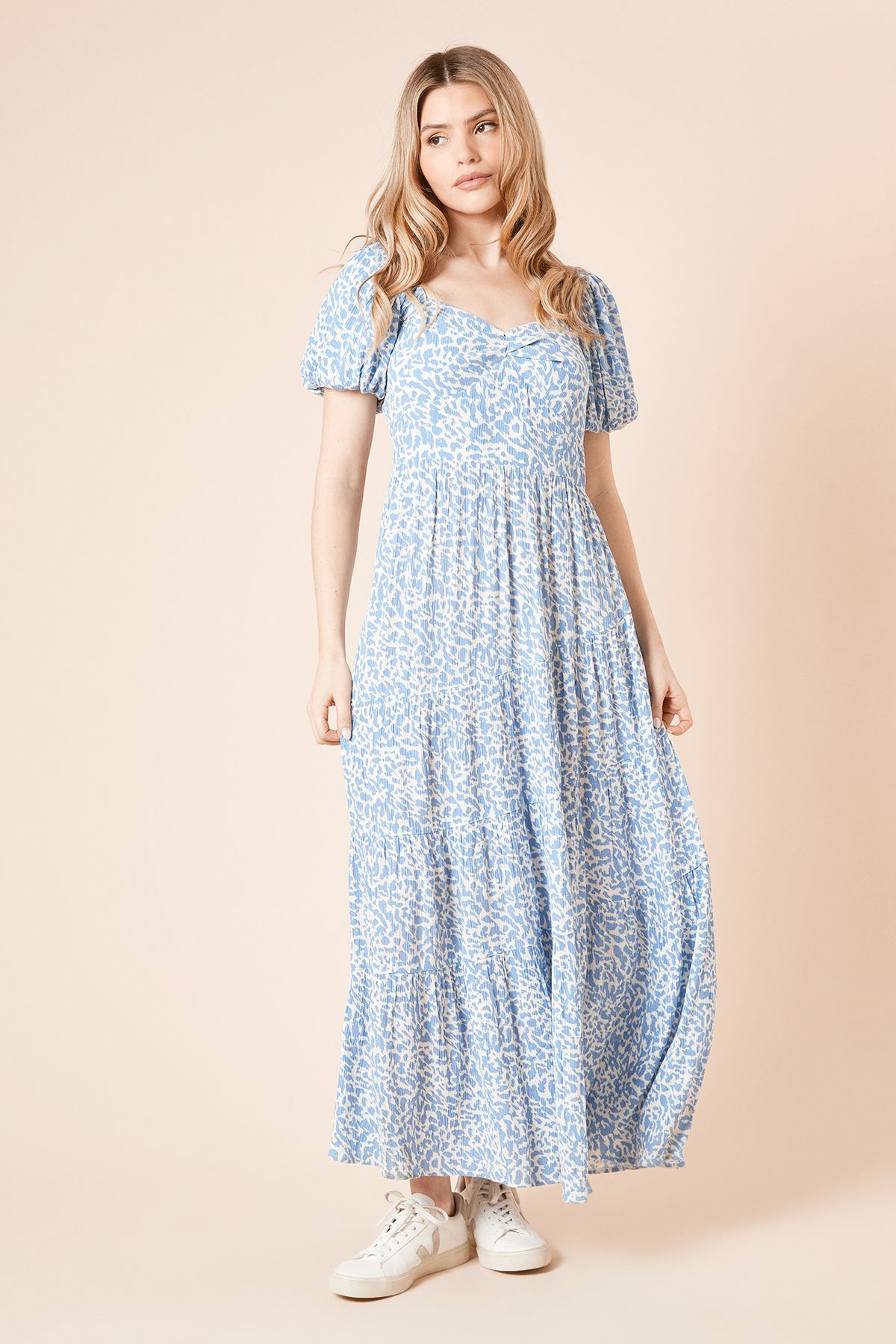 Dorothy Perkins Blue Tiered Puff Sleeve Twist Front Maxi Dress Blue image 1