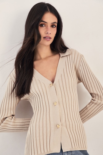 NastyGal Knitted Ribbed Cardigan Ecru