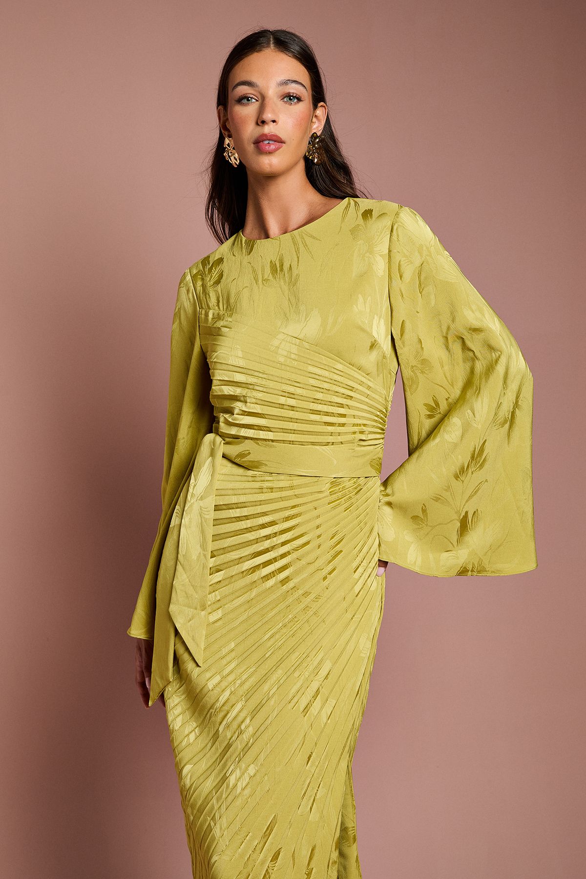 Coast Long Flare Sleeve Pleated Jacquard Midi Dress Olive image 2