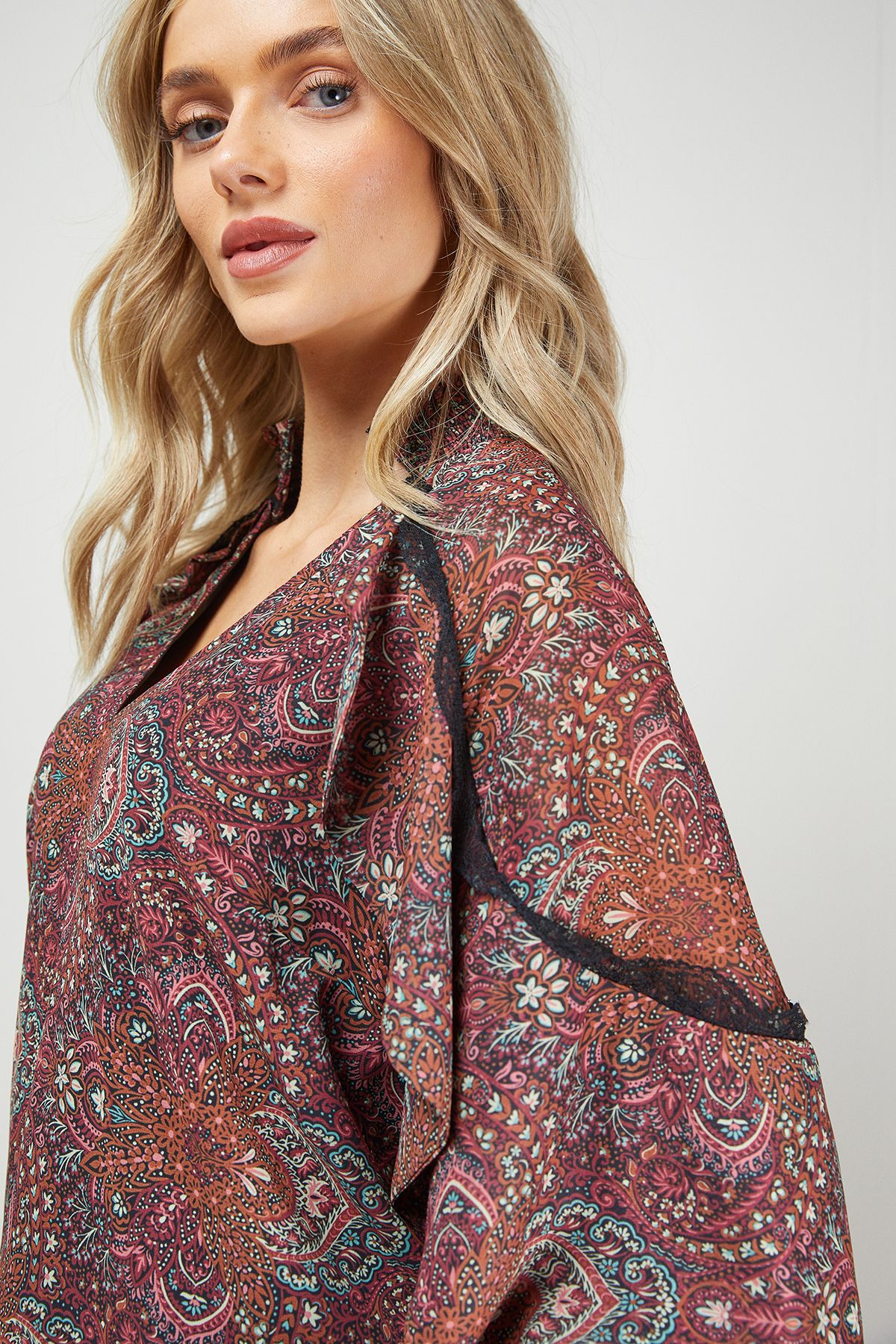 Oasis Cape Detail Trim Balloon Sleeve Boho Blouse Multi image 2
