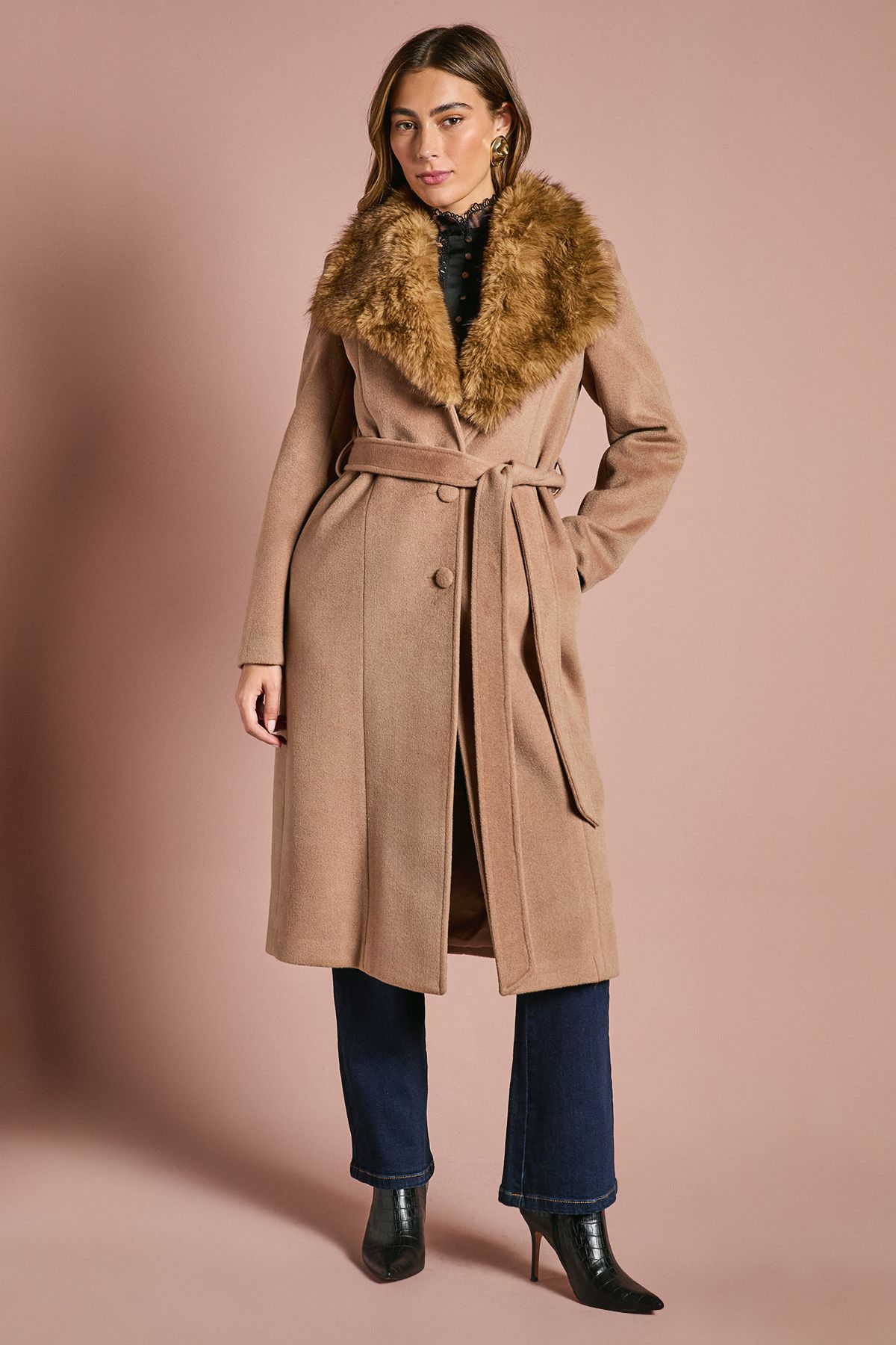 Coast Camel Faux Fur Collar Occasion Belted Midi Coat Camel image 4