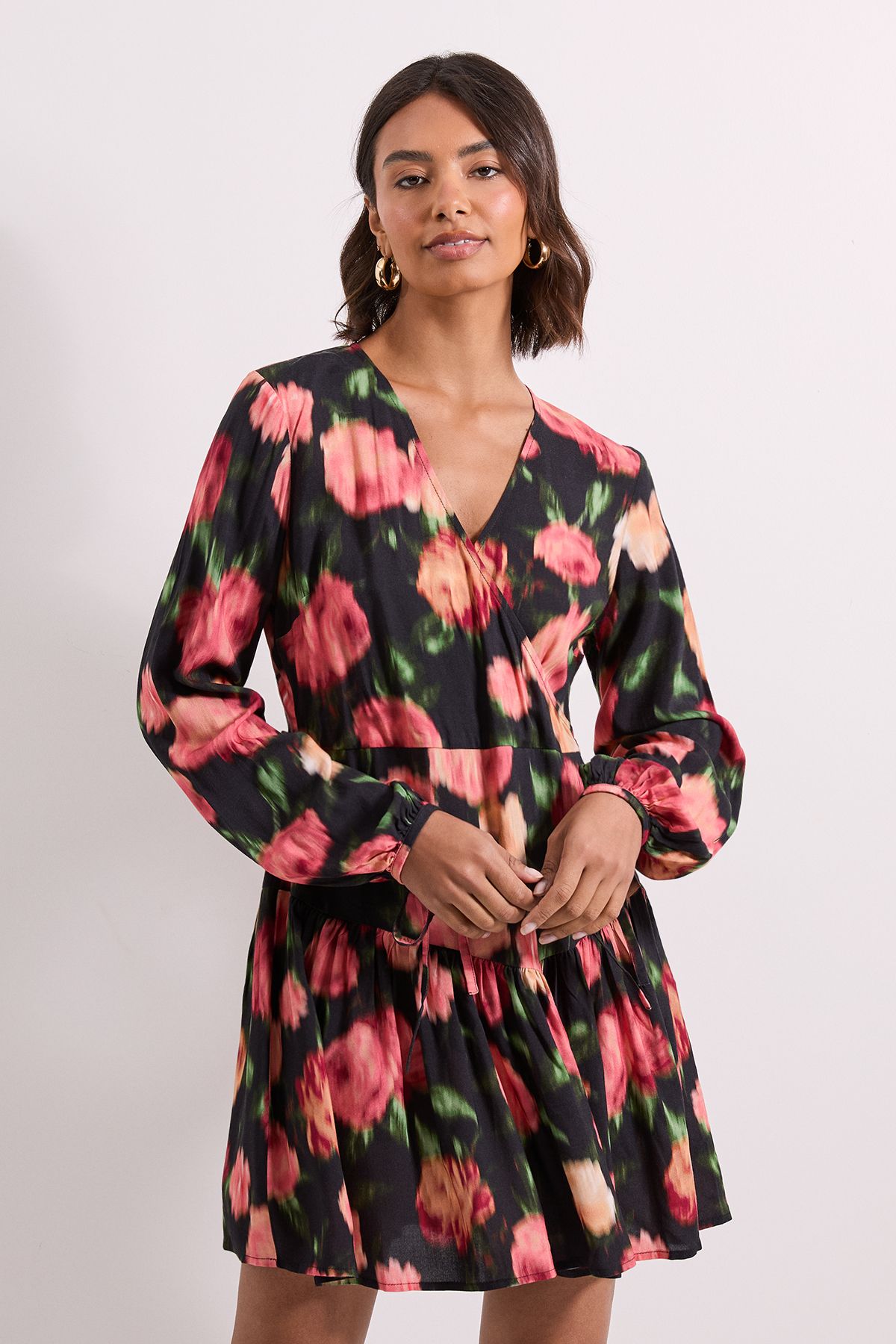 Dorothy Perkins Floral Dropped Seam Detail Wrap Front Mini Dress Floral