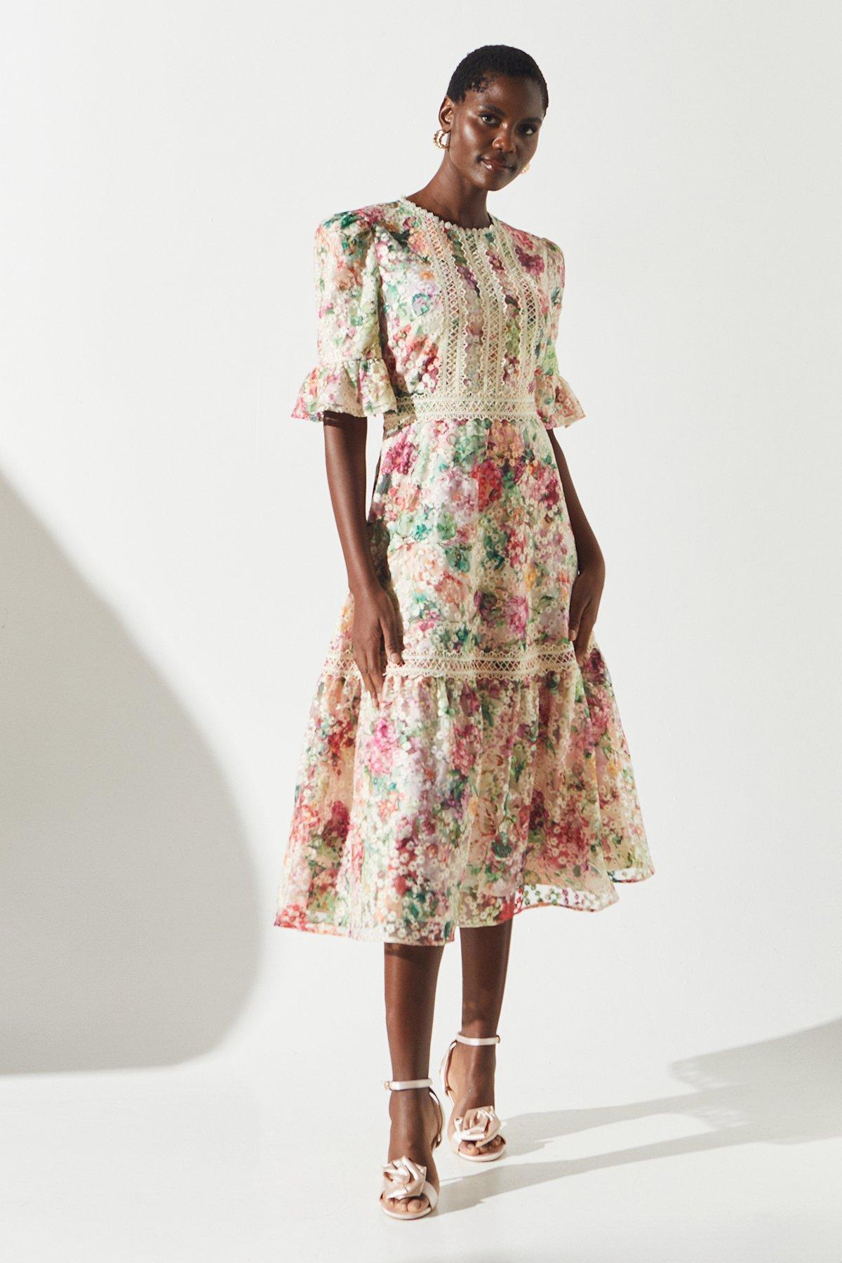 Rayon Embroidered Tiered Calf Length Dress