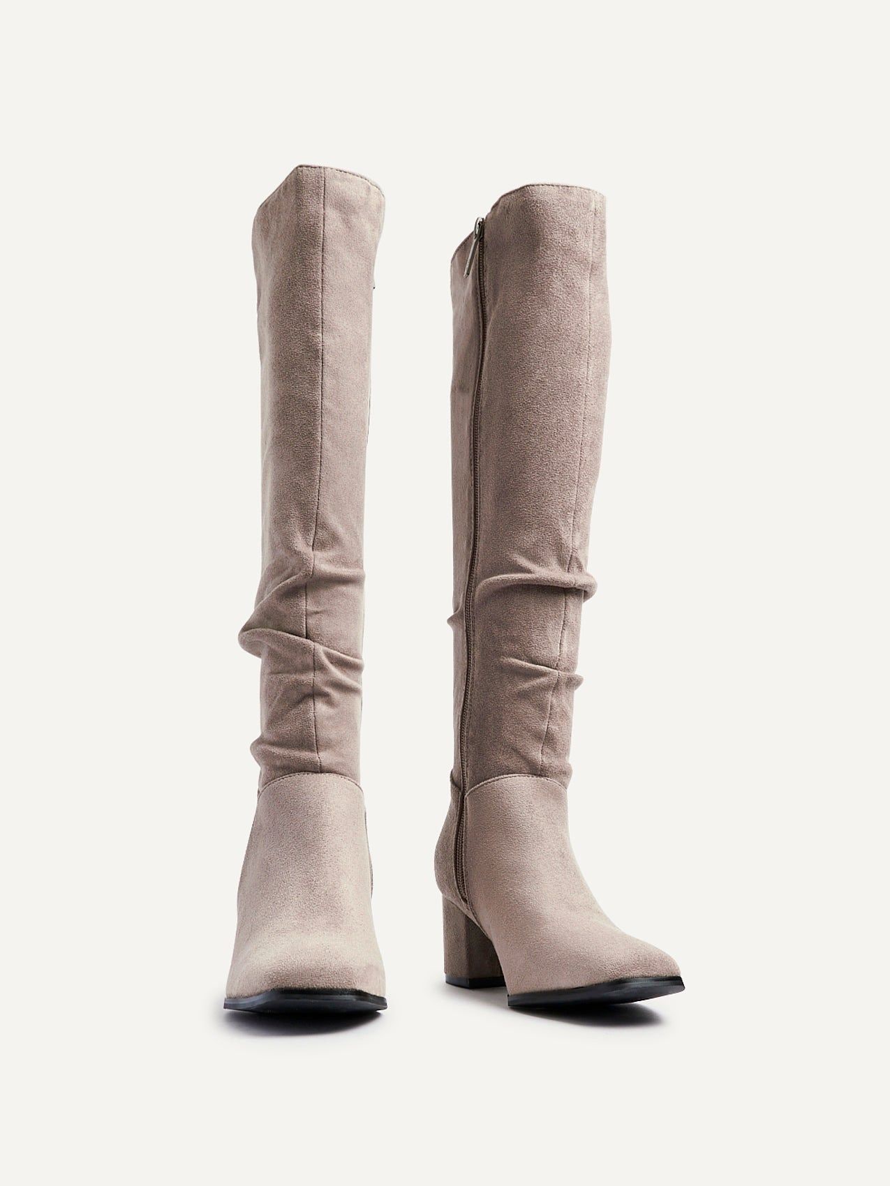 Linzi Margot Mocha Faux Suede Knee High Block Heeled Ruched Boot image 3