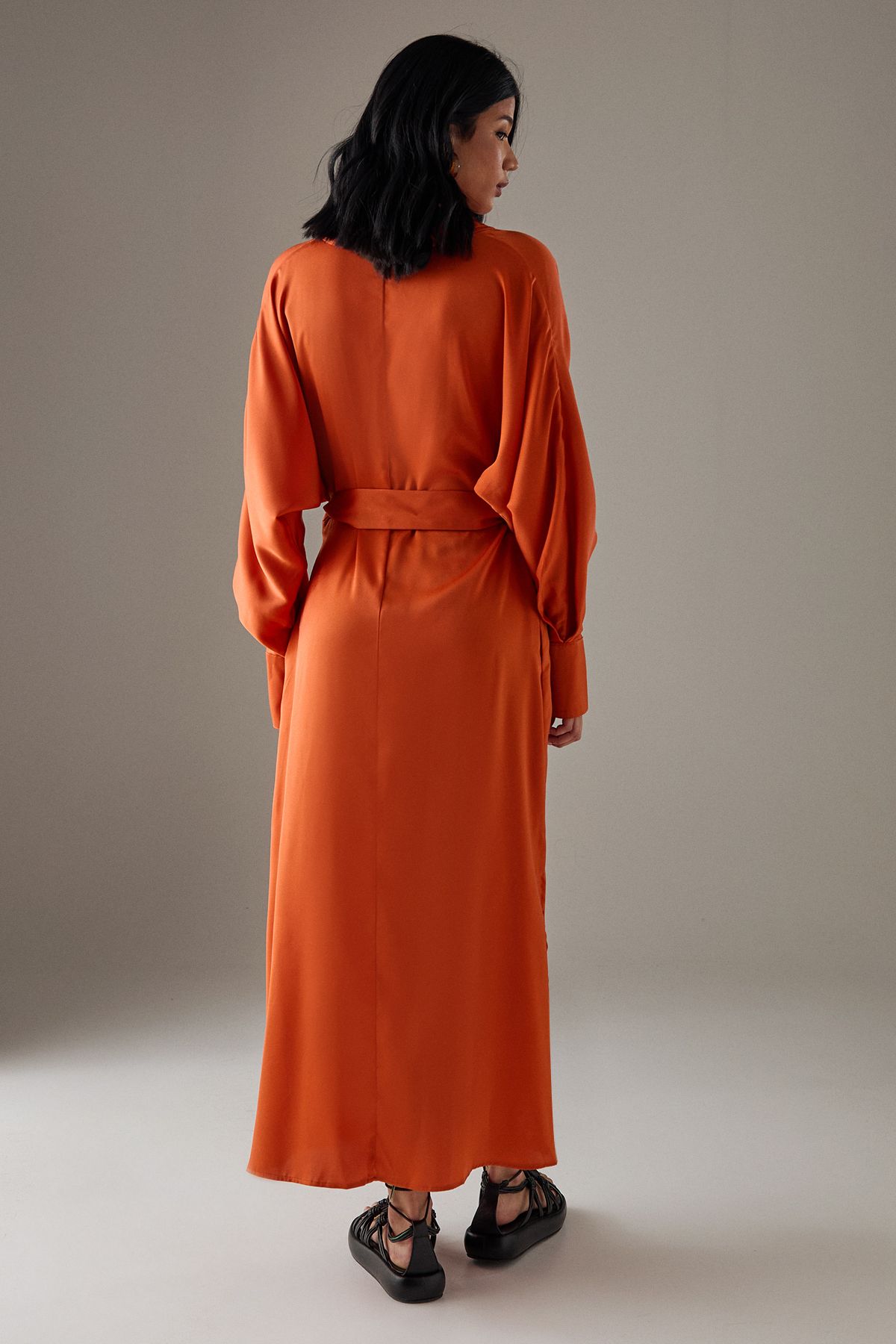 Warehouse Satin Batwing Split Side Midi Shirt Dress Orange image 3