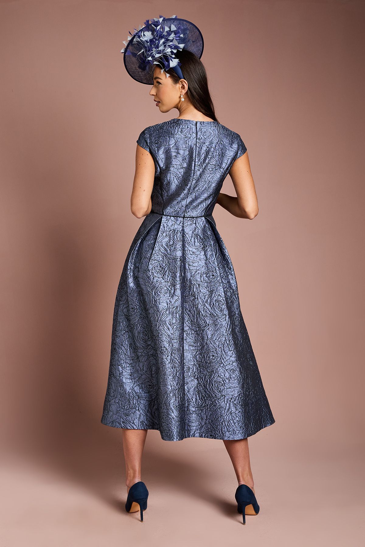 Coast Lisa Tan Cap Sleeve Jacquard Full Skirted Midi Dress Slate image 3