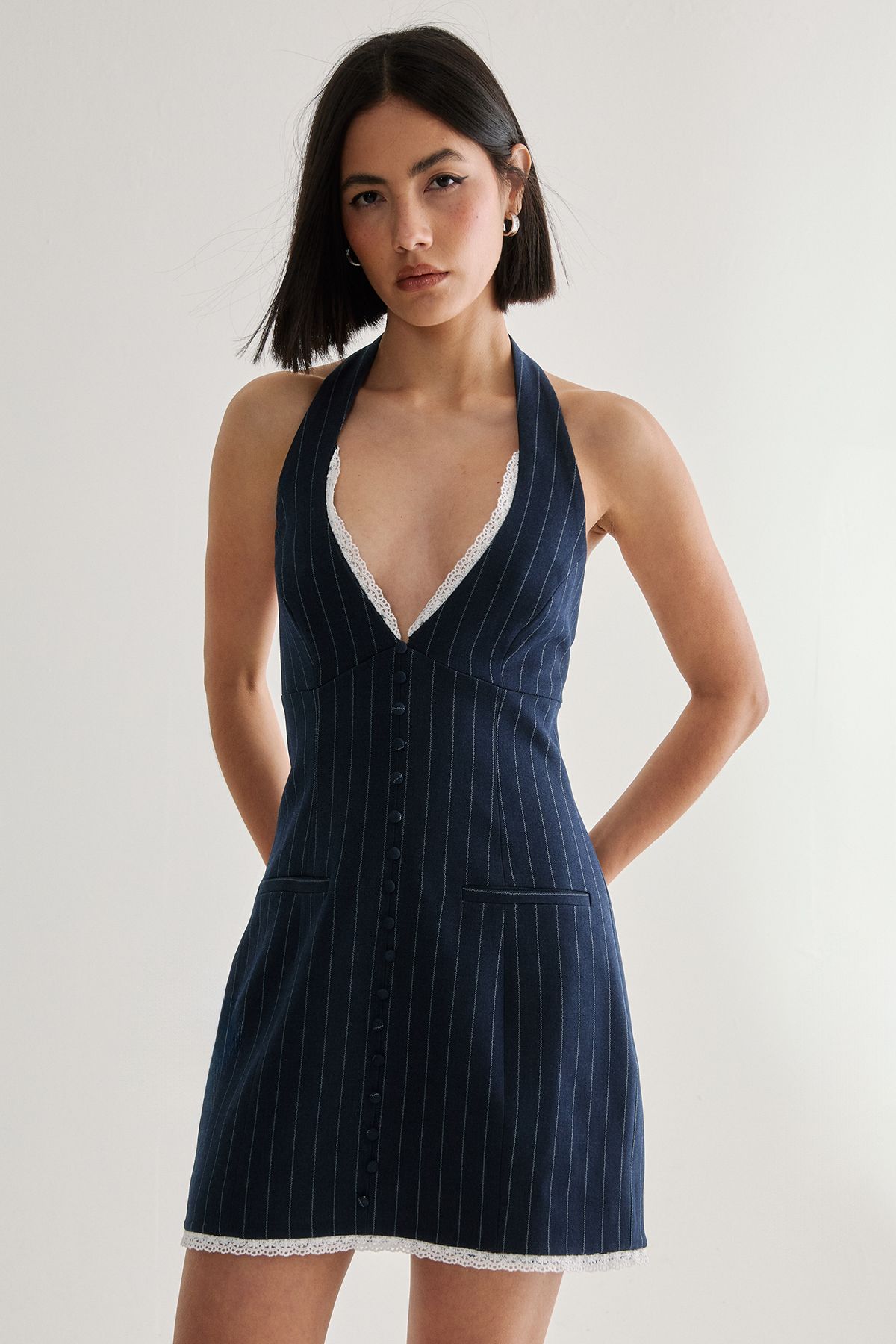 NastyGal Pinstripe Lace Trim Tailored Waistcoat Dress Denim-blue image 3