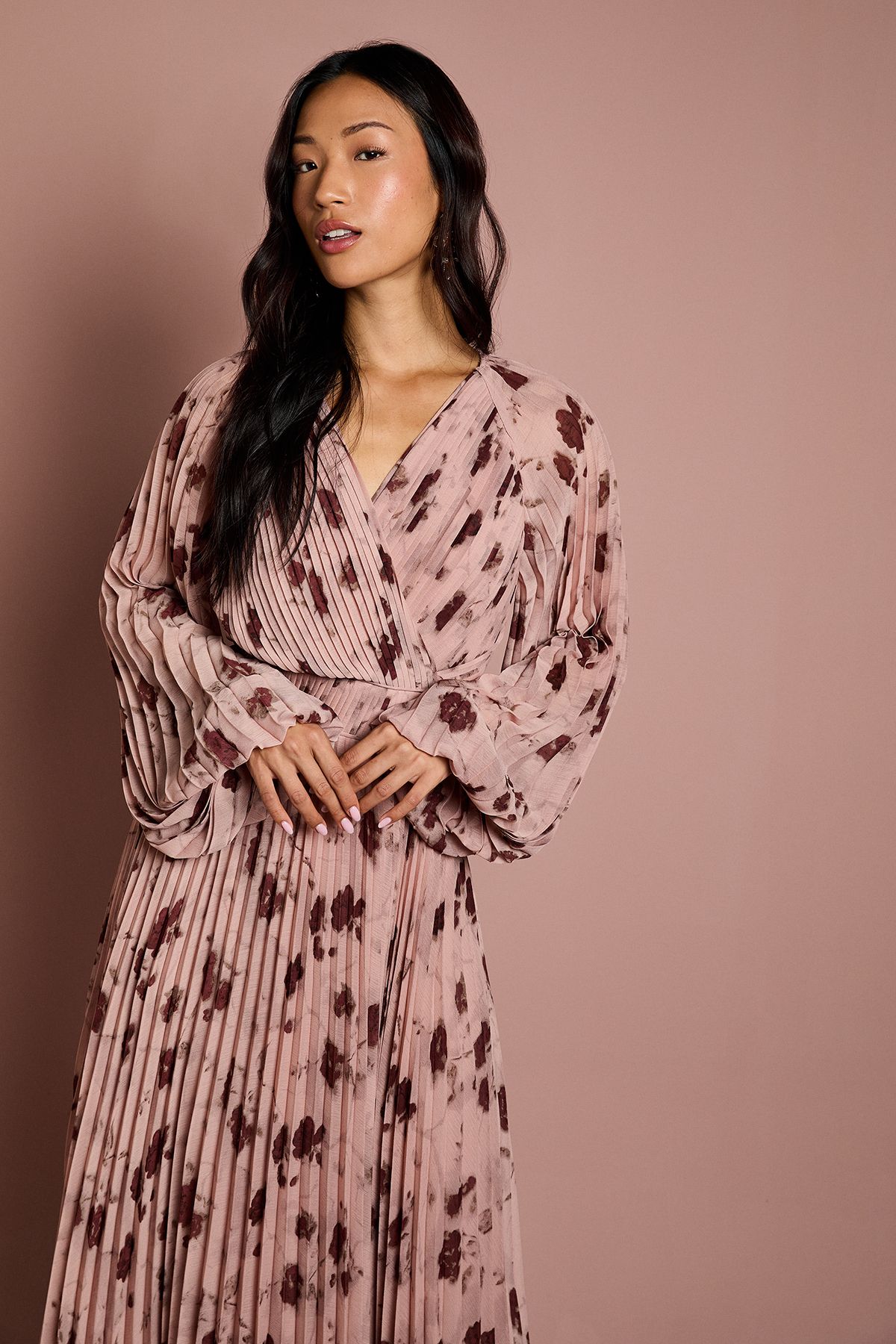 Coast Long Sleeve Chiffon Pleated Wrap Midi Dress Blush image 2