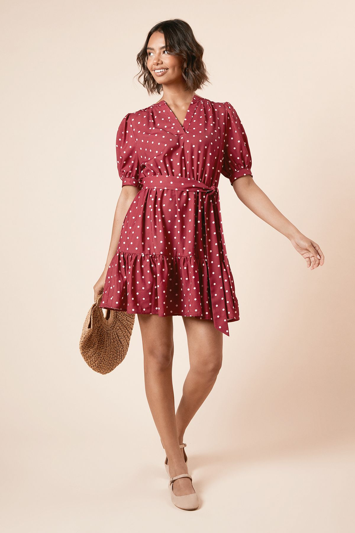 Dorothy Perkins Burgundy Spot Printed Overhead Belted Puff Sleeve Mini Dress Floral image 1