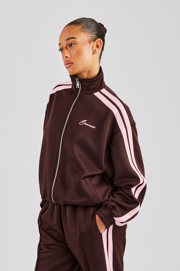 Cernucci Funnel Neck Pink Taping Zip Through Track Jacket - Chocolate