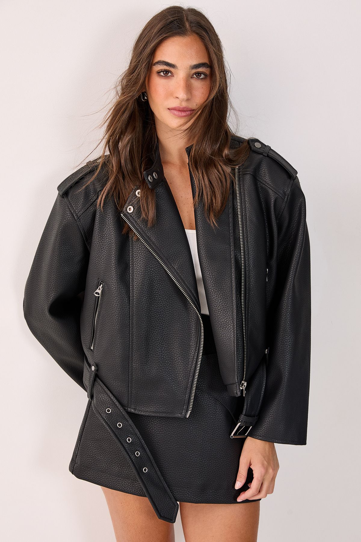 NastyGal Textured Belted Cropped Faux Leather Biker Jacket Black