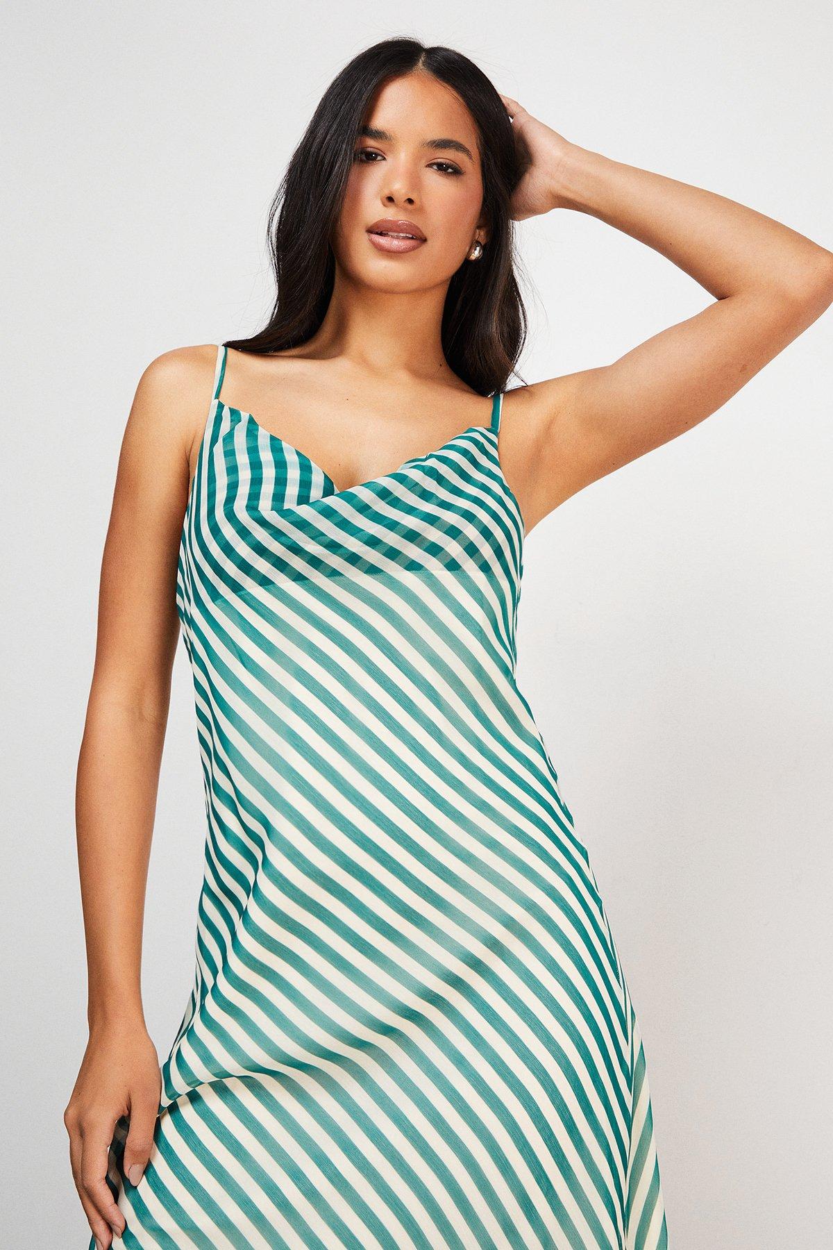 Warehouse Chiffon Stripe Cowl Bias Strappy Maxi Dress Green image 4