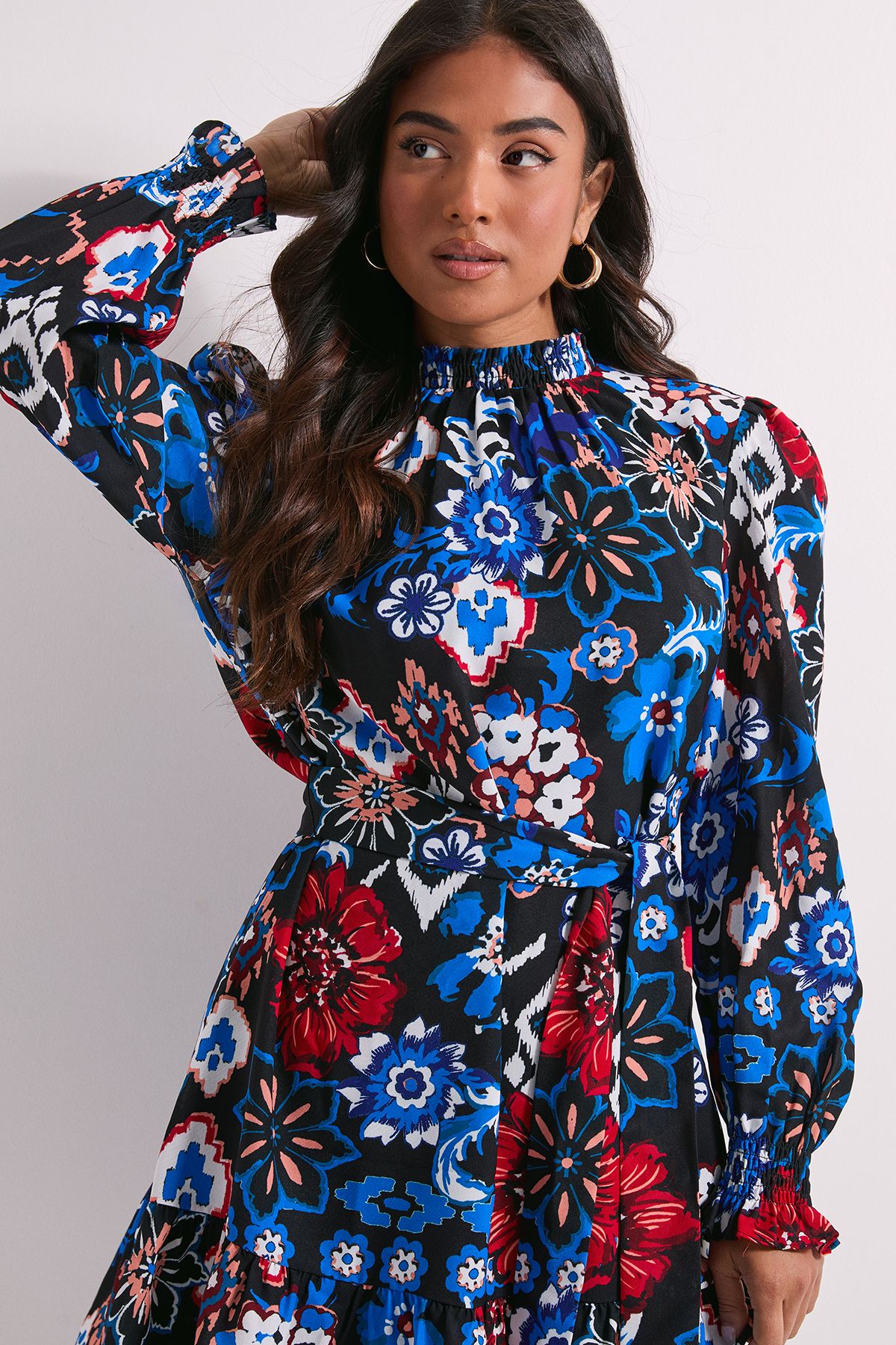 Dorothy Perkins Petite Shirred Neck Tie Waist Mini Dress Teal image 4