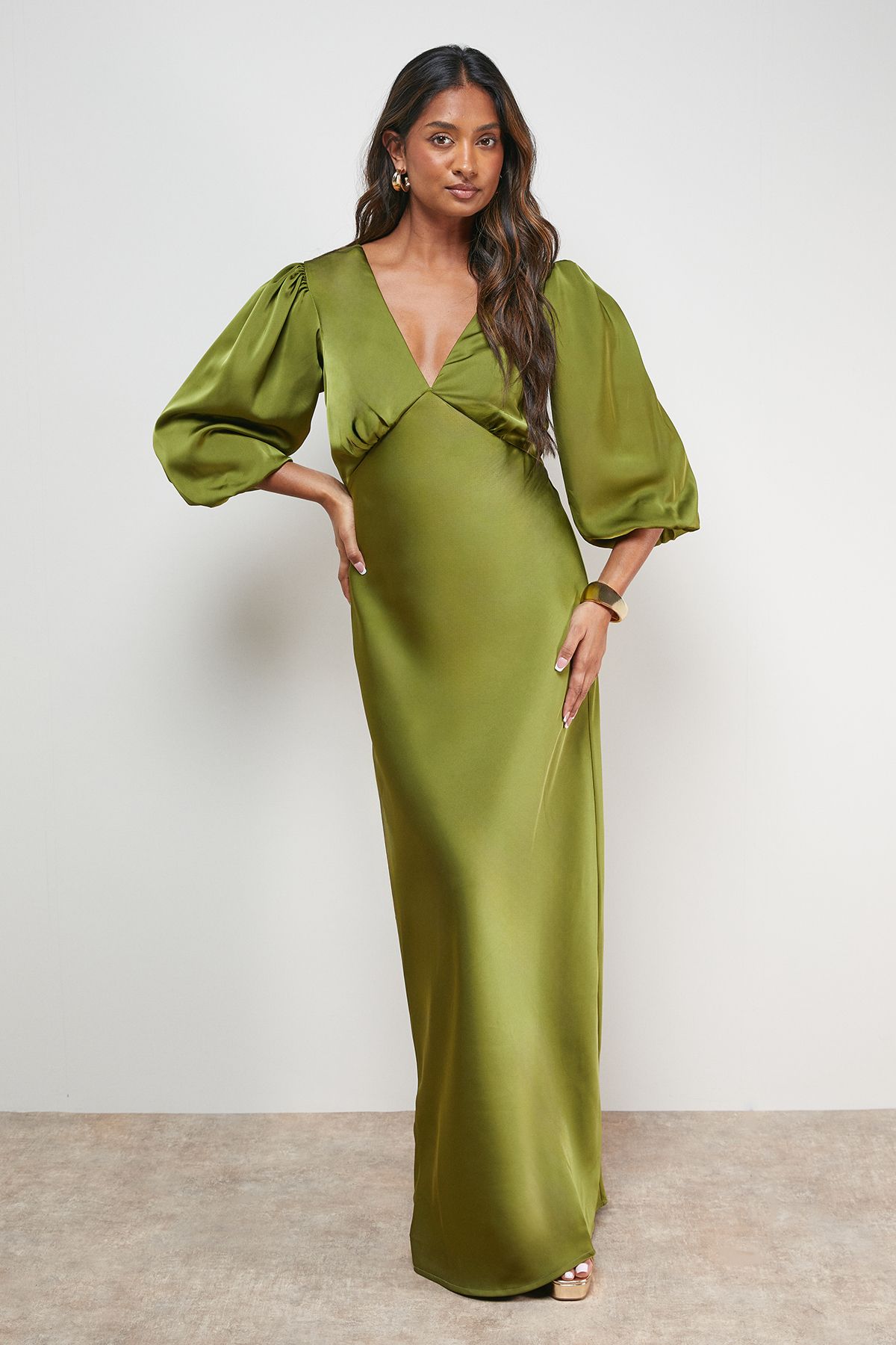 Oasis Satin V Neck Balloon Sleeve Bias Midi Dress Olive