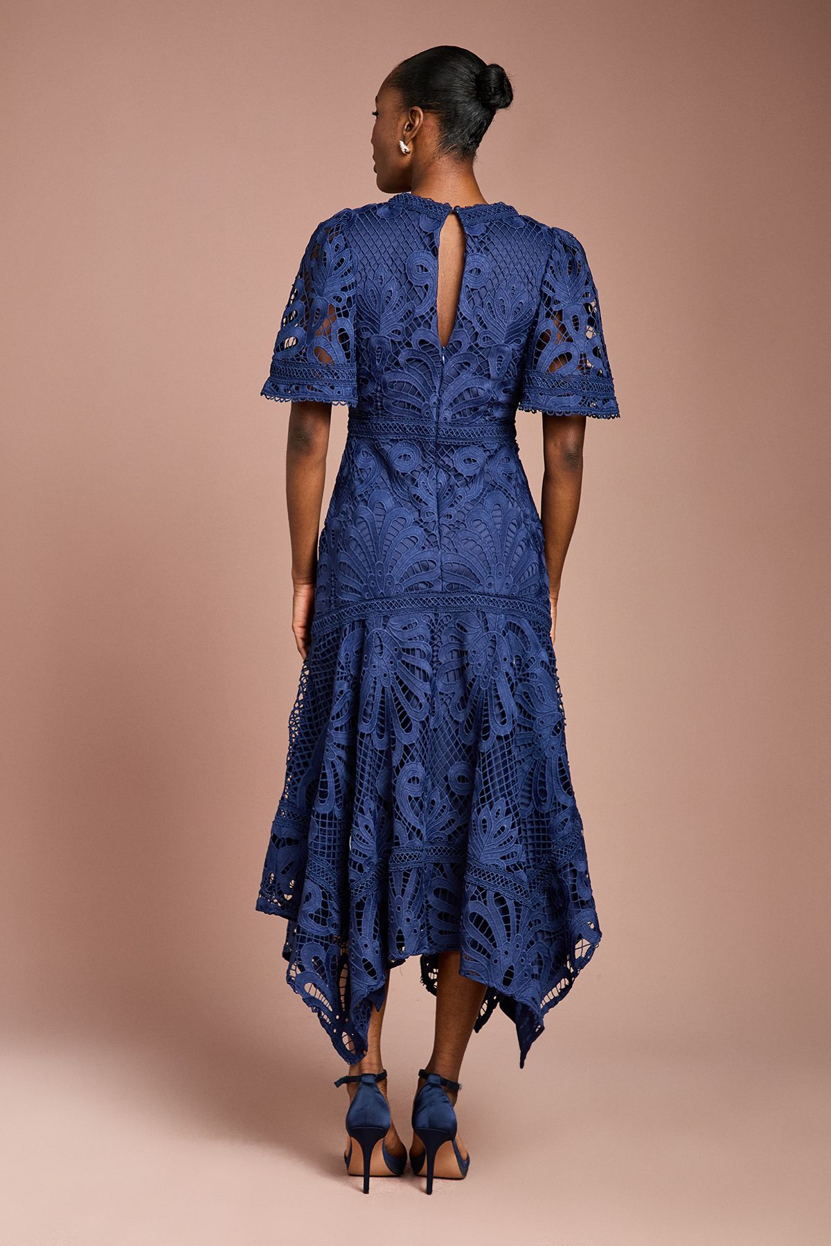 Coast Placement Lace Hanky Hem Dress Navy image 3