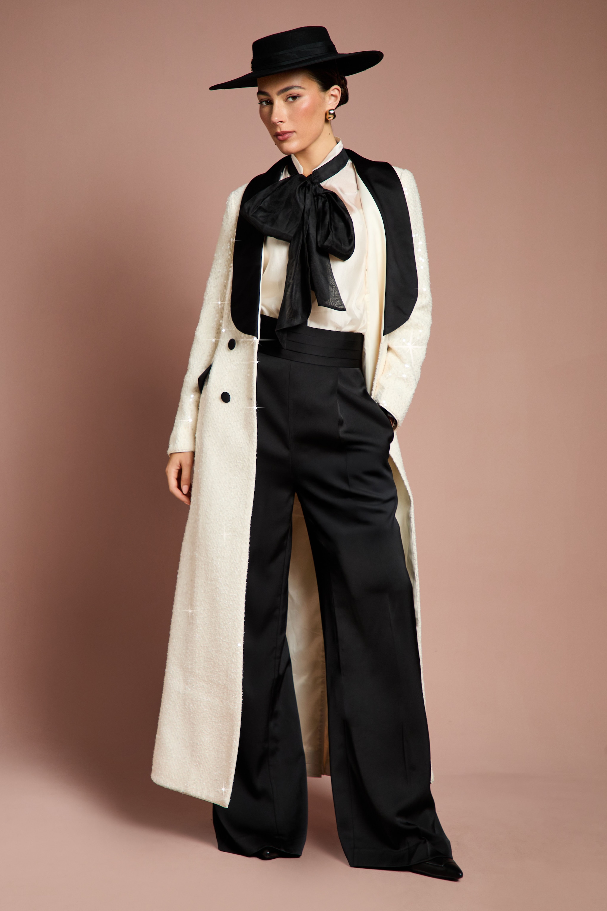 Coast Lisa Tan Double Breasted Sequin Tweed Maxi Coat Mono image 1