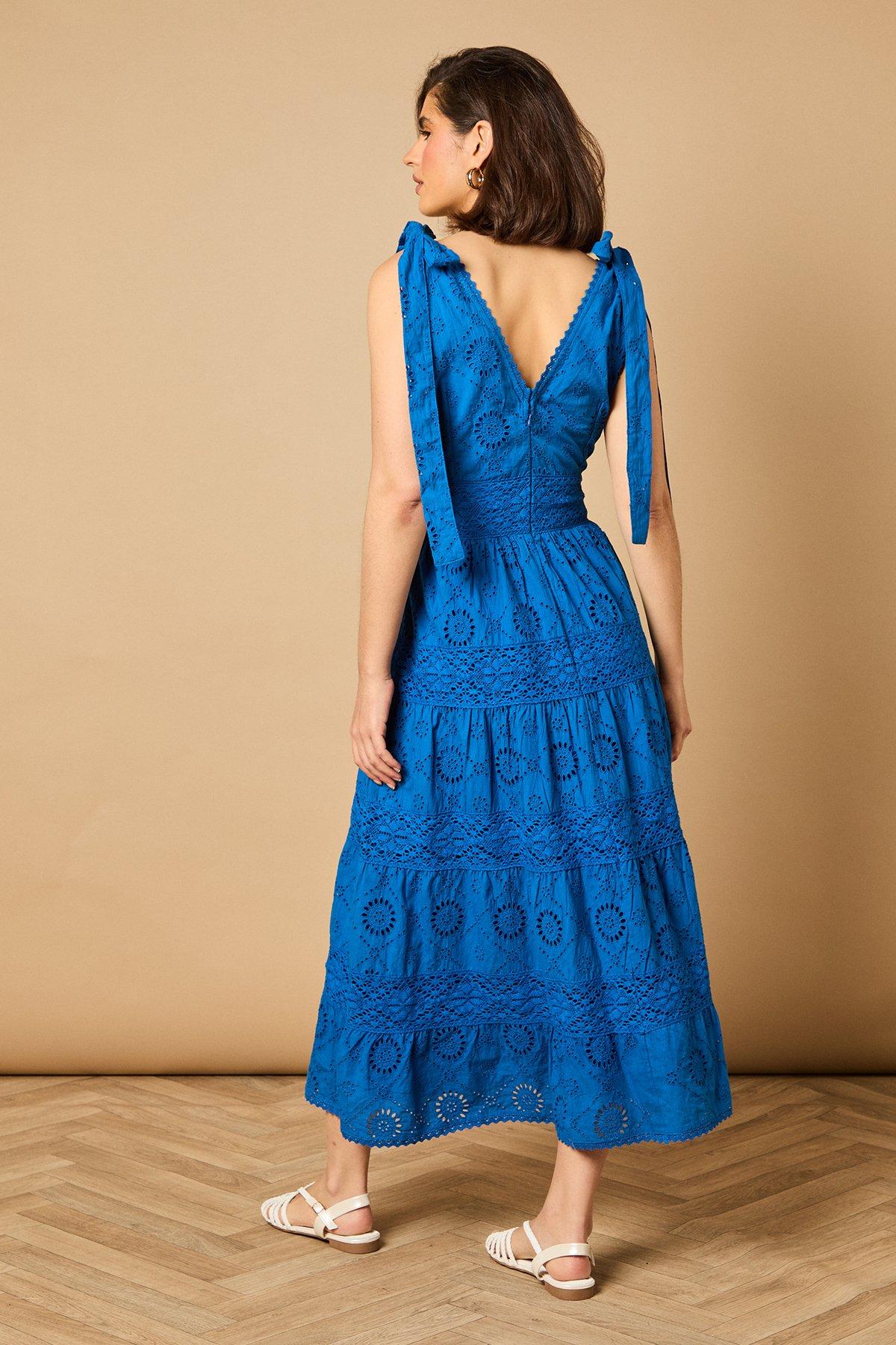 Oasis Tie Shoulder V Neck Broderie Midi Dress Blue image 4